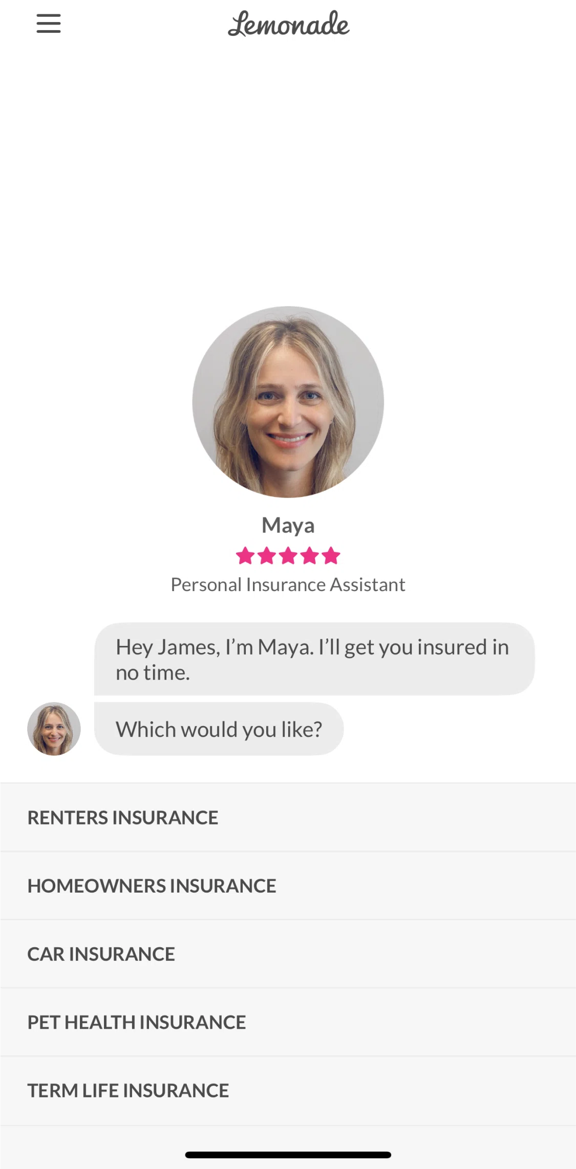 Lemonade Insurance Screen screen in the Getting a quote (pet health insurance) flow