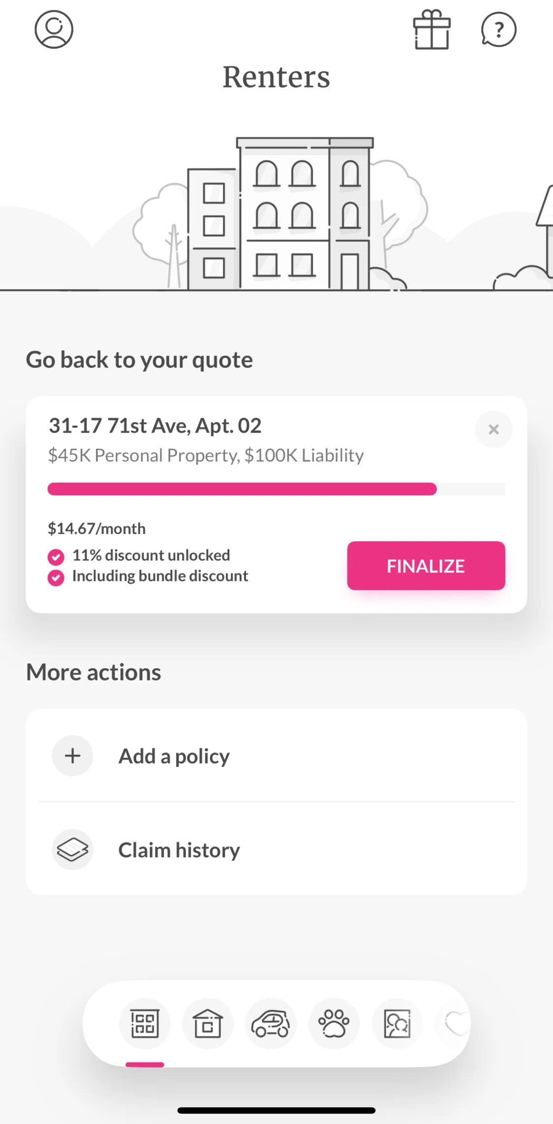 Lemonade Insurance Screen screen in the Plans in progress flow