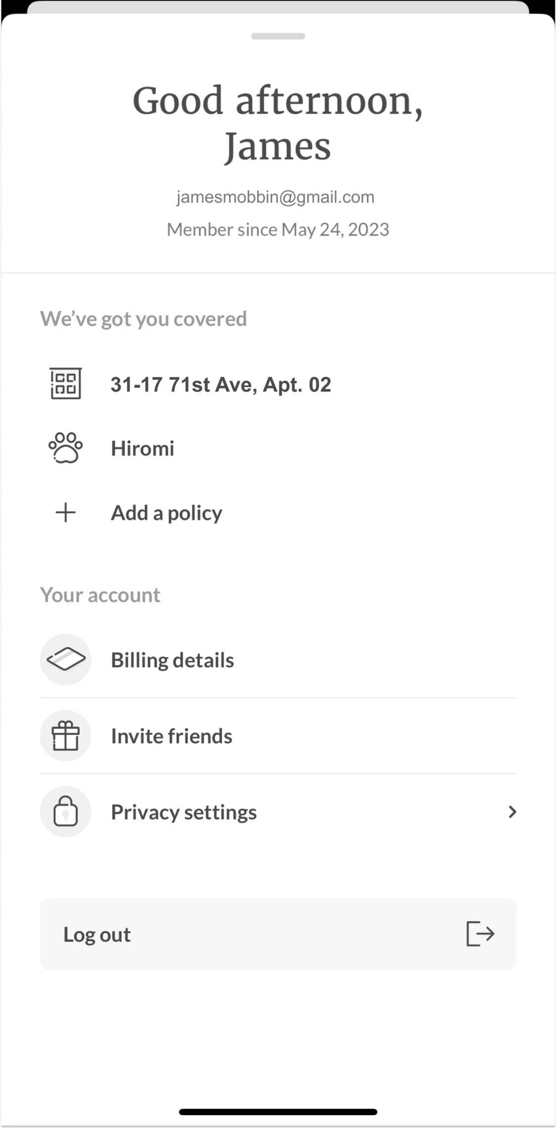 Lemonade Insurance Screen screen in the Privacy settings flow