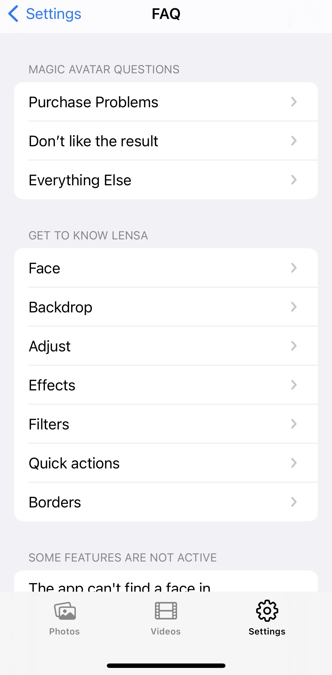Lensa AI Screen screen in the FAQ questions flow