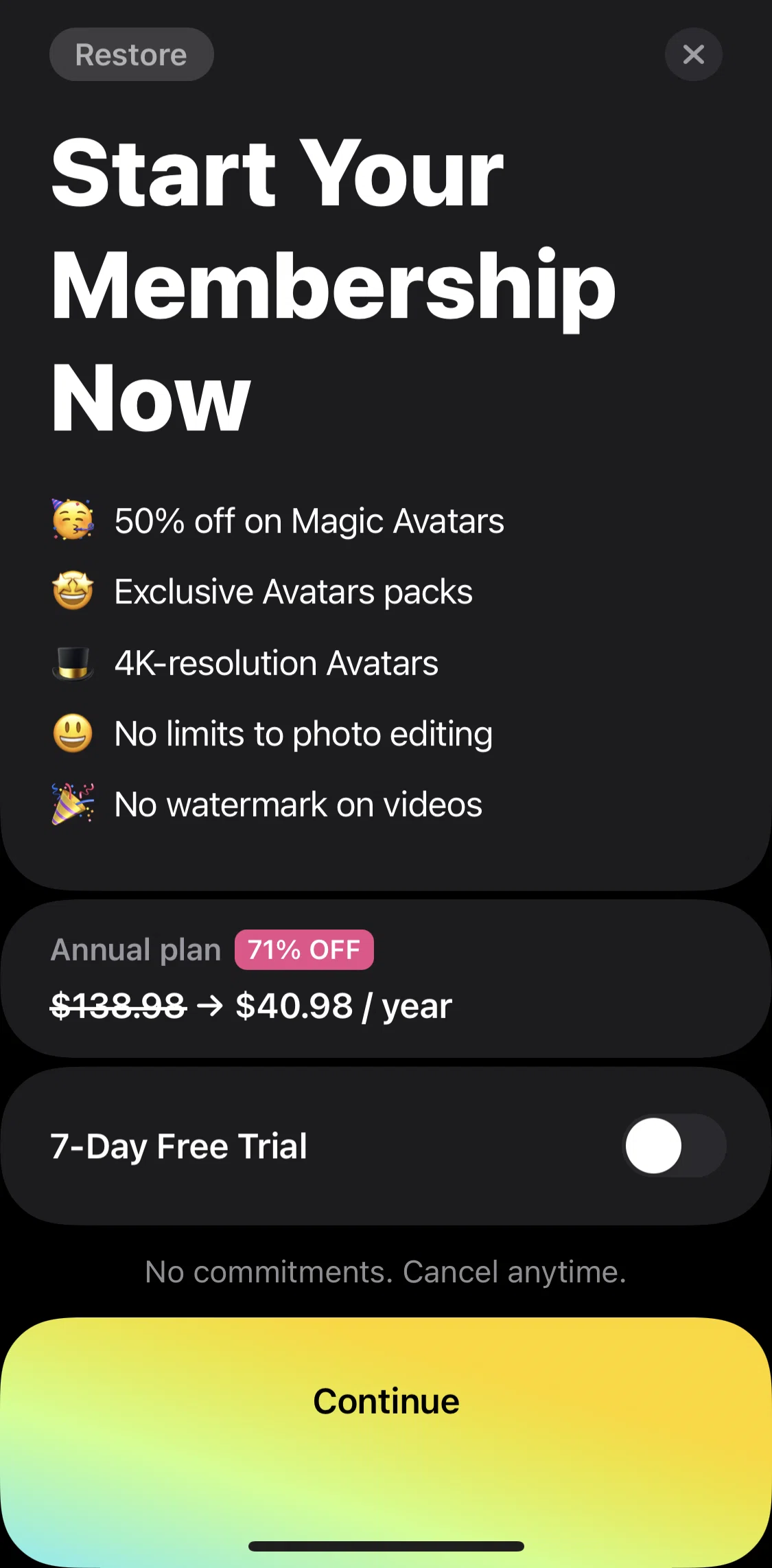 Lensa AI Screen screen in the Subscribing to membership flow