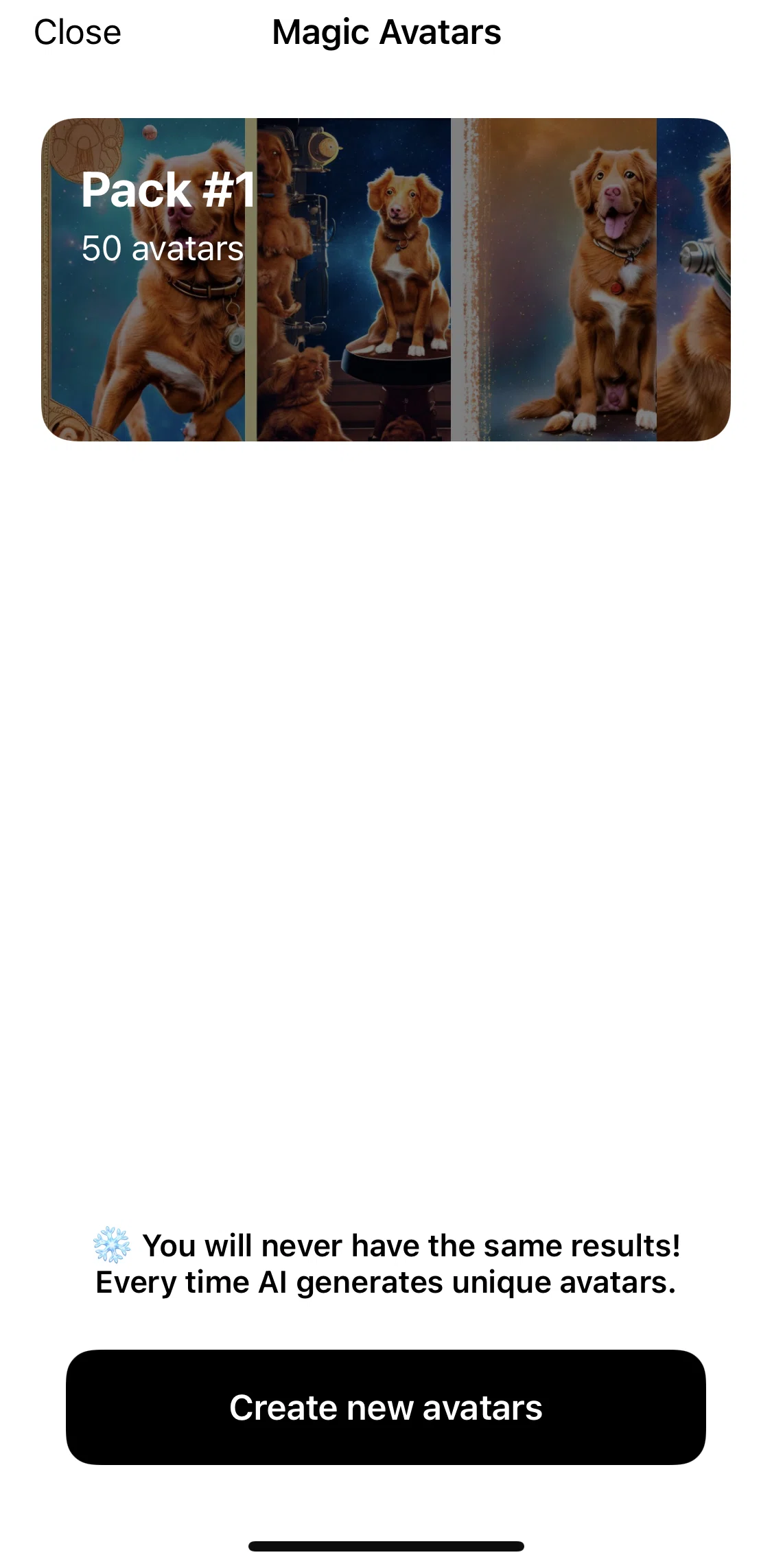 Lensa AI Screen screen in the View magic avatar pack flow