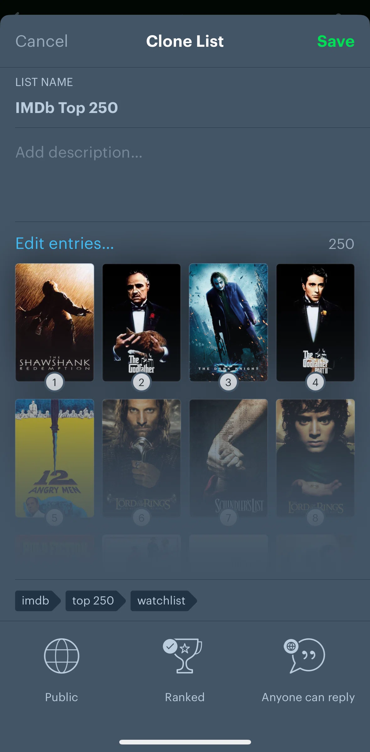 Letterboxd Screen screen in the Adding a film to list flow