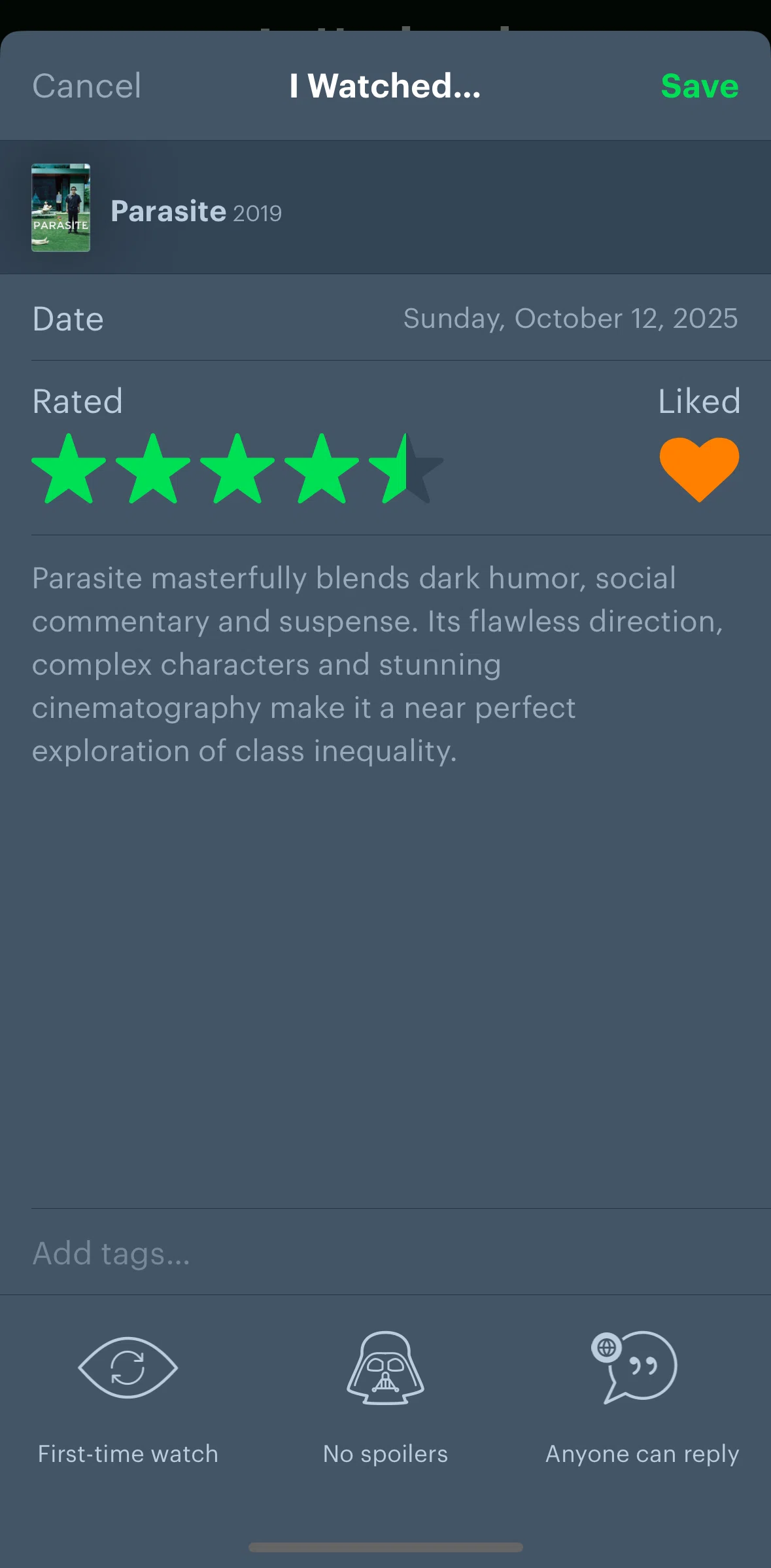 Letterboxd Screen screen in the Adding a tag (diary) flow