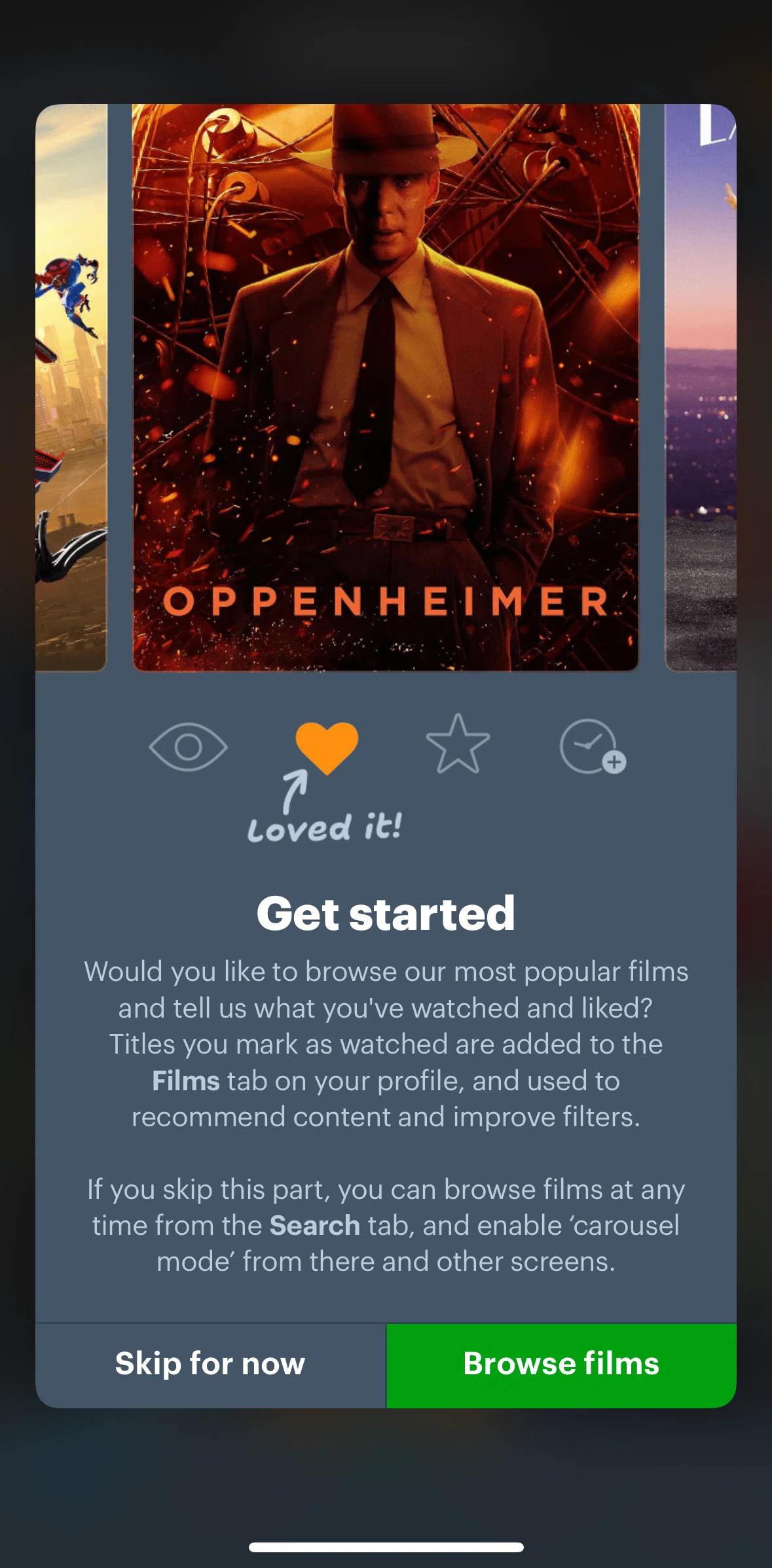 Letterboxd Screen screen in the Browse films (carousel mode) flow
