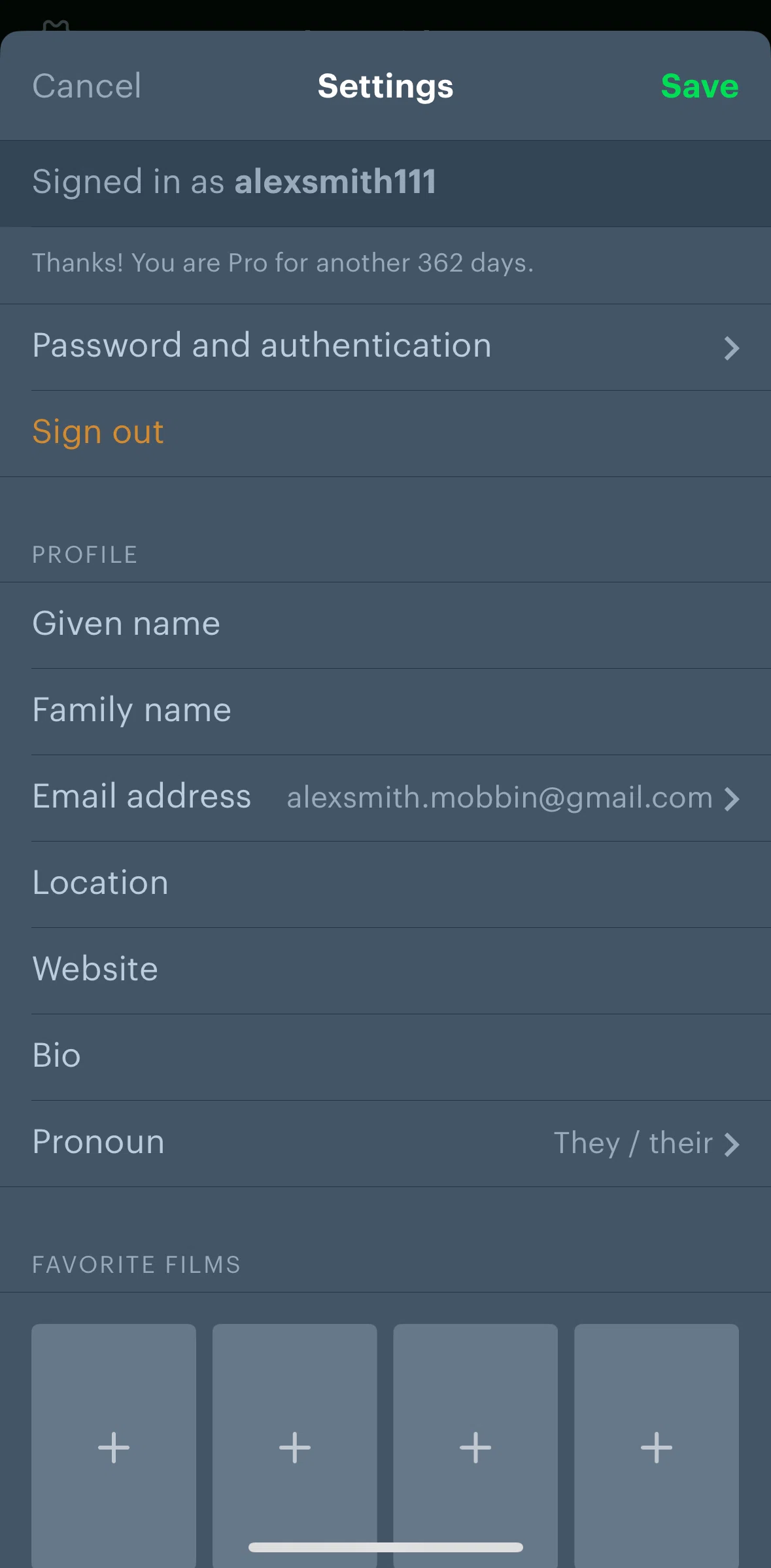 Letterboxd Screen screen in the Editing profile flow