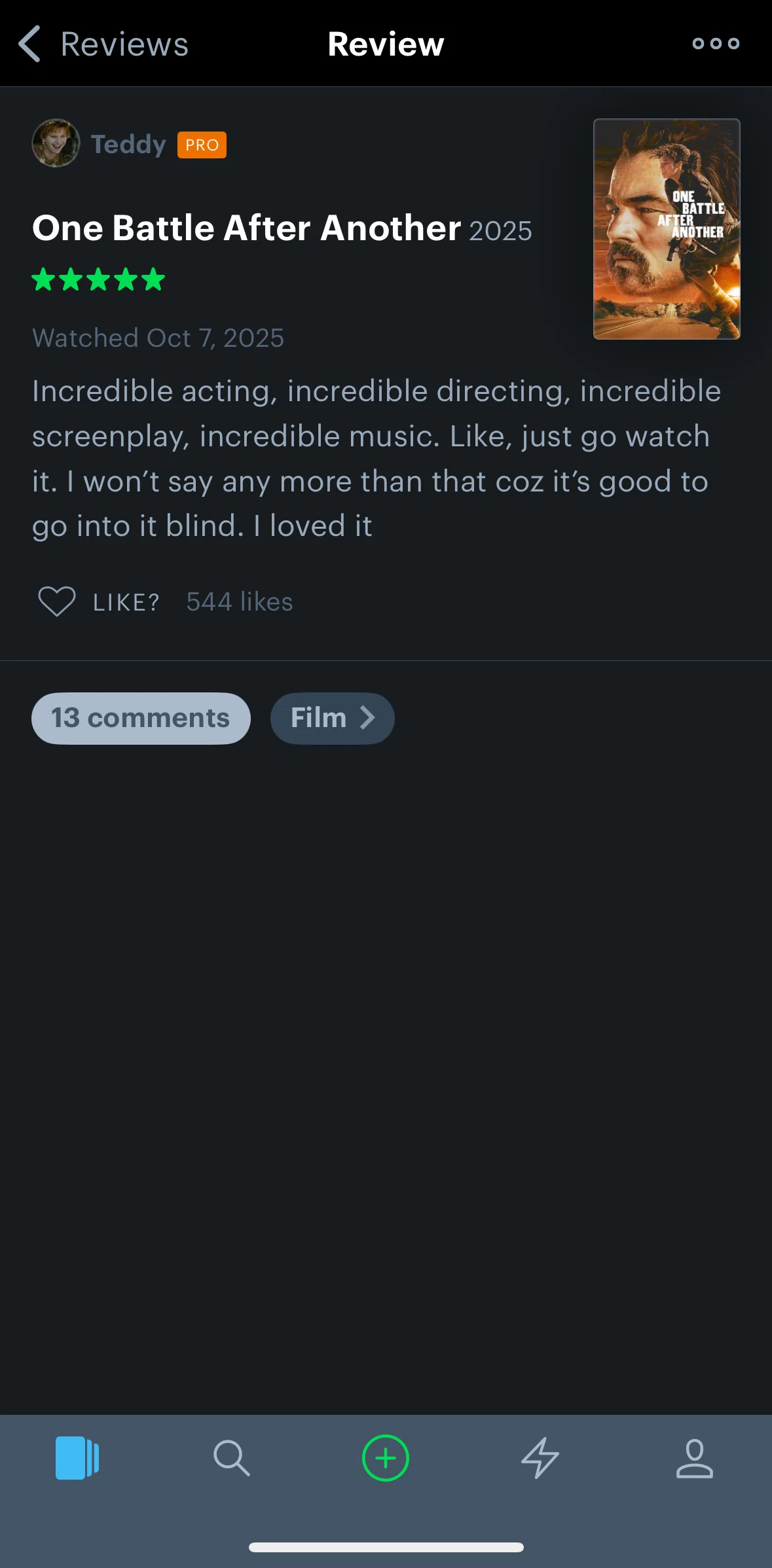 Letterboxd Screen screen in the Liking a review flow