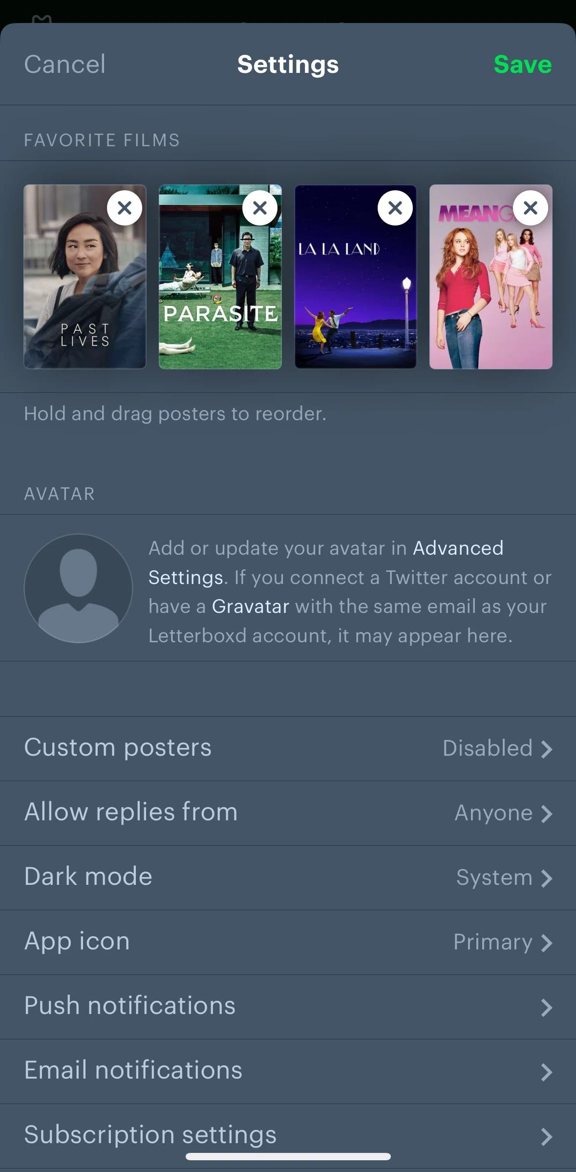 Letterboxd Screen screen in the Reordering films flow