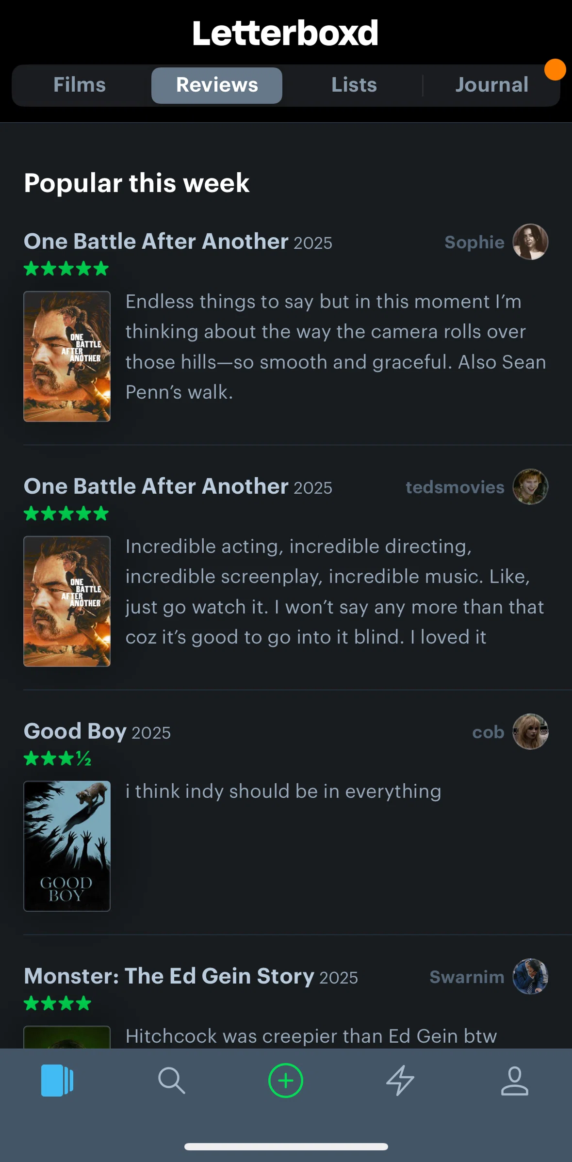 Letterboxd Screen screen in the Reviews flow