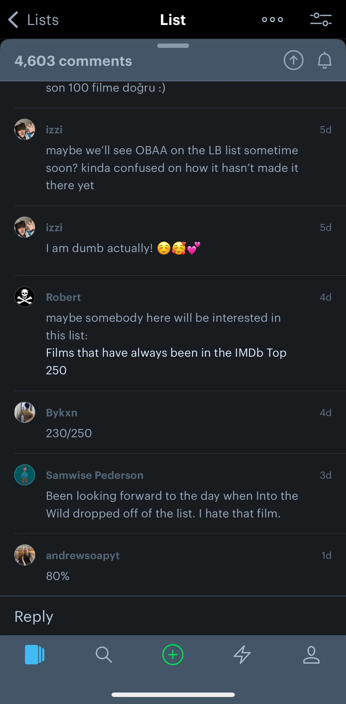 Letterboxd Screen screen in the Sorting comments flow