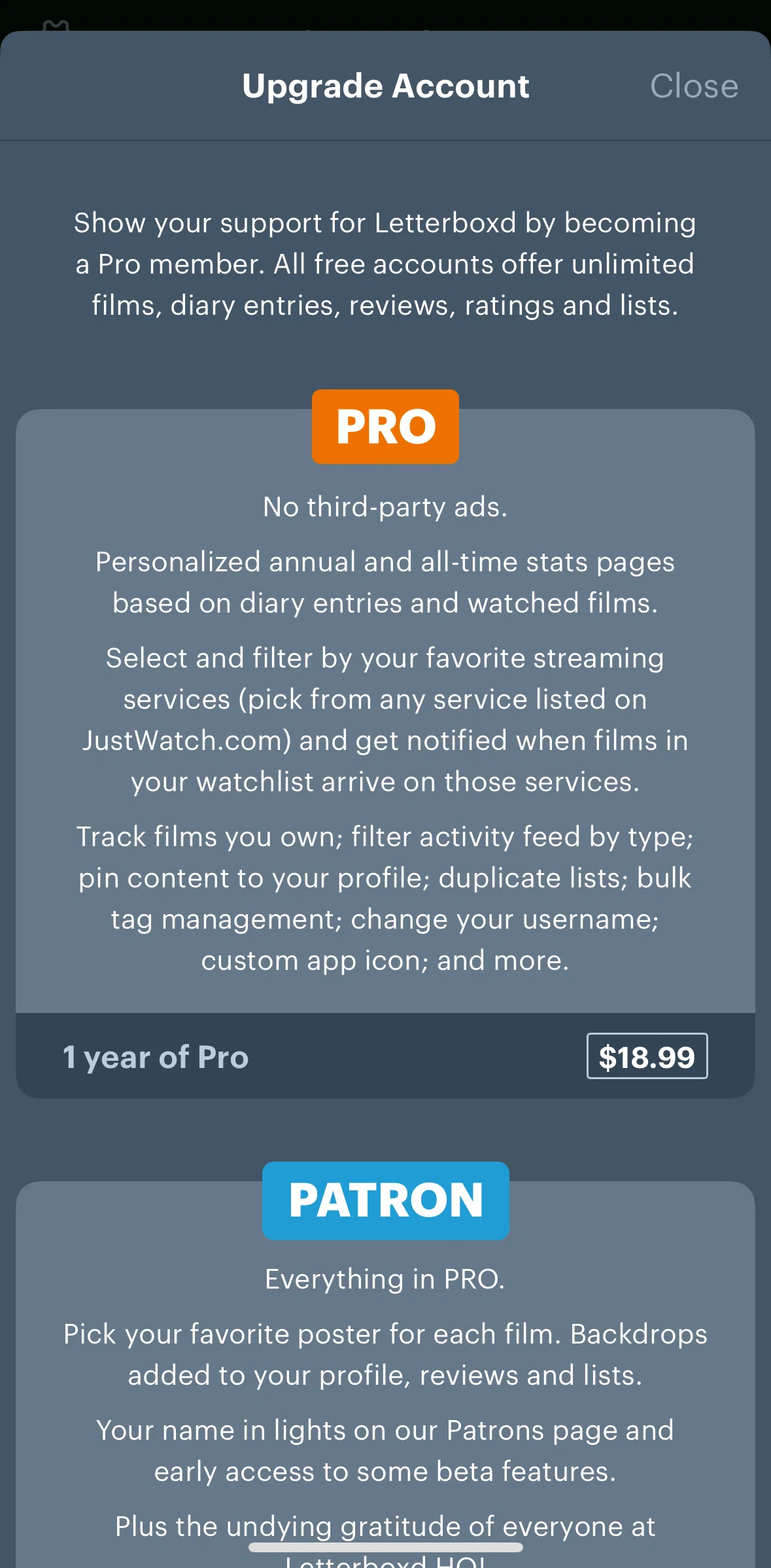 Letterboxd Screen screen in the Subscribing to Letterboxd PRO flow