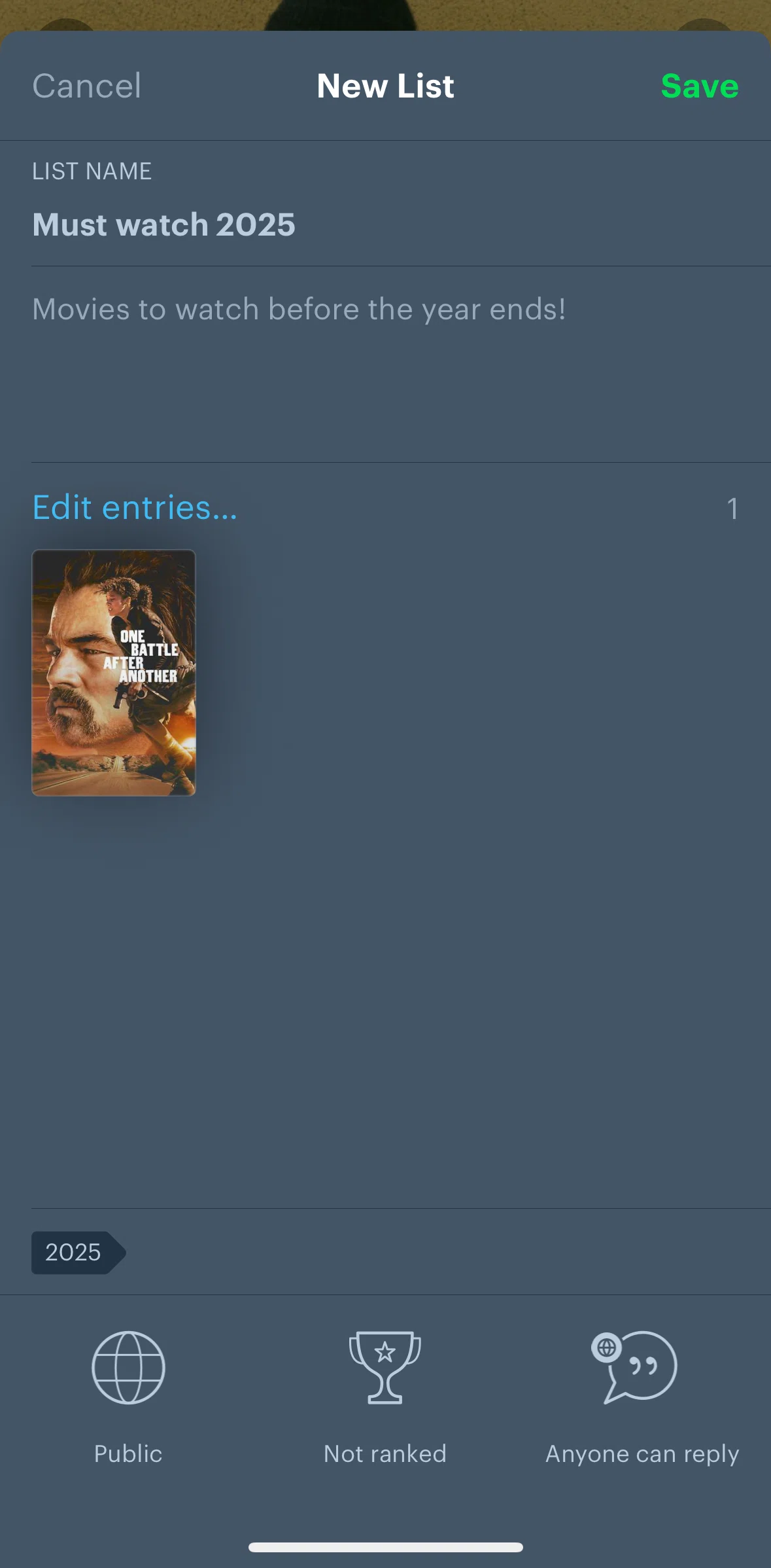Letterboxd Screen screen in the Updating list visibility settings flow