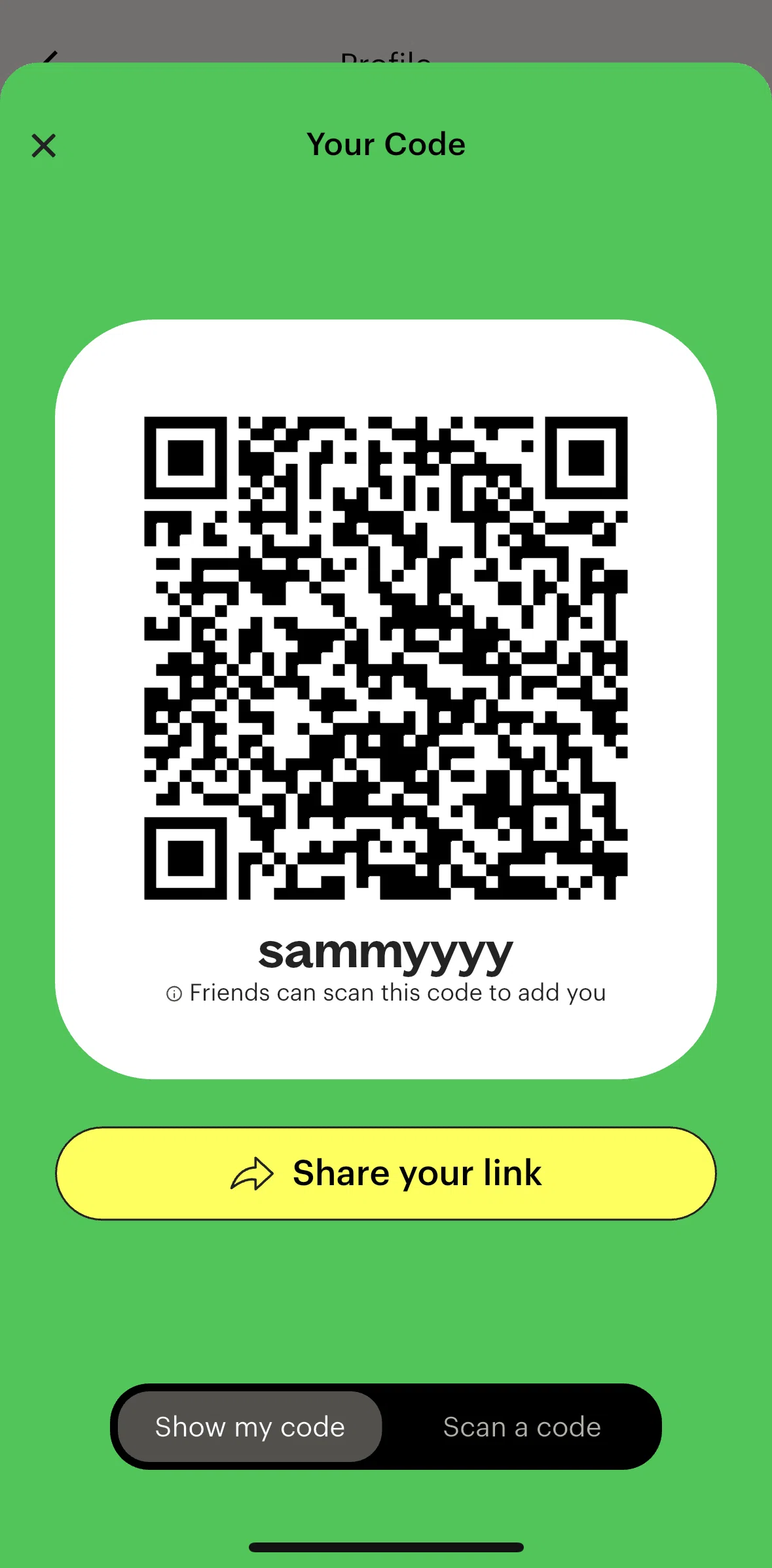 Lex Screen screen in the Adding a friend (QR code) flow