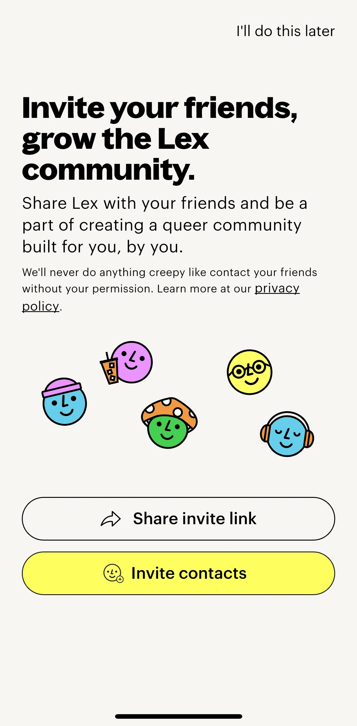 Lex Screen screen in the Inviting a friend flow