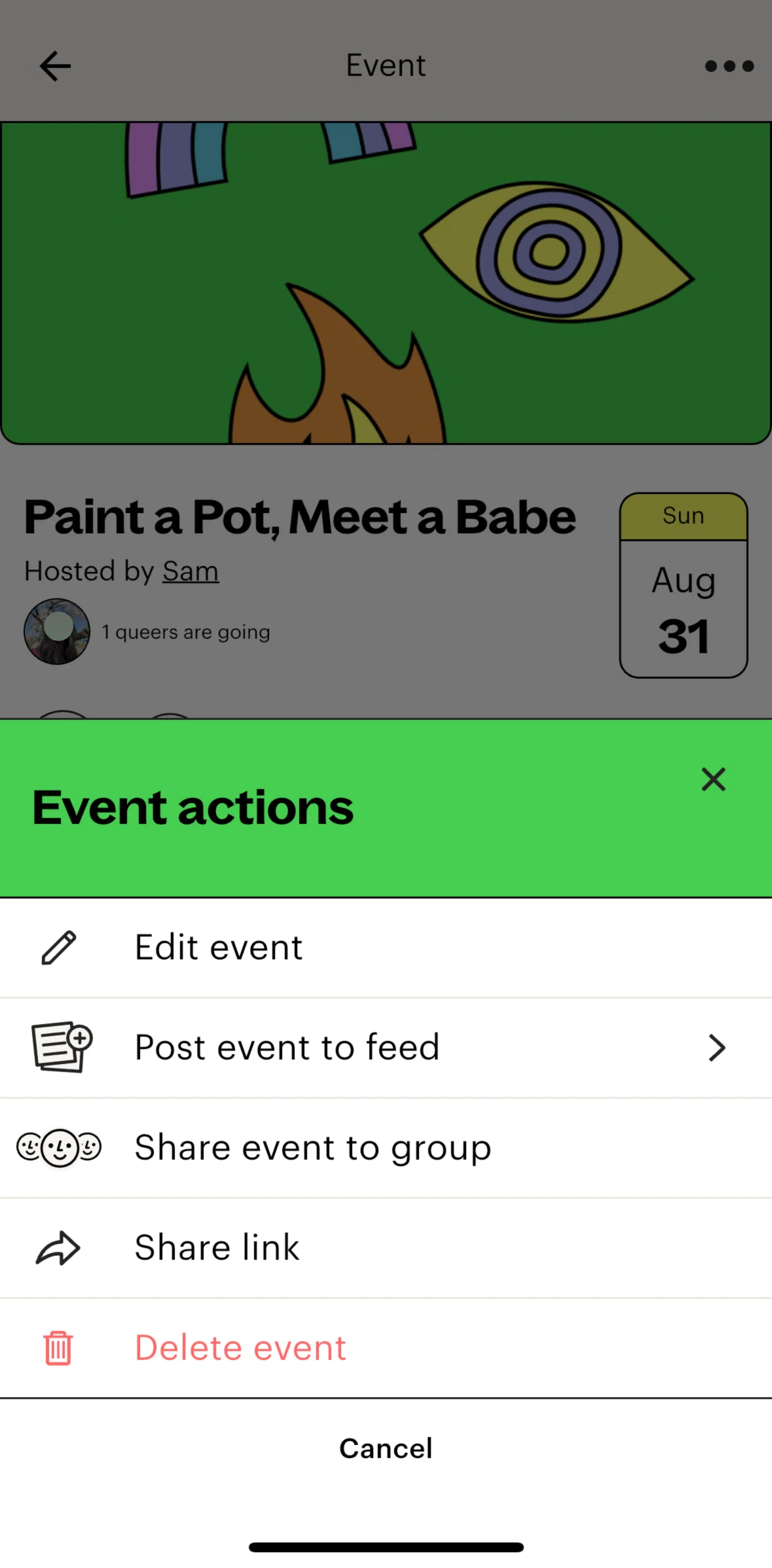 Lex Screen screen in the Sharing an event to a group flow