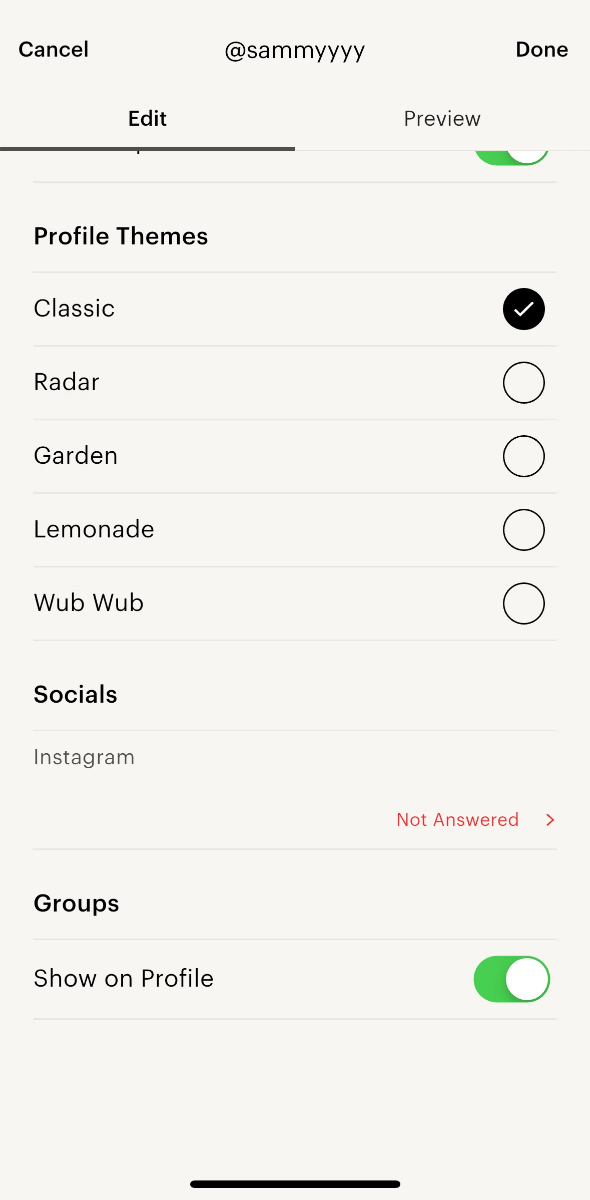 Lex Screen screen in the Updating a profile theme flow