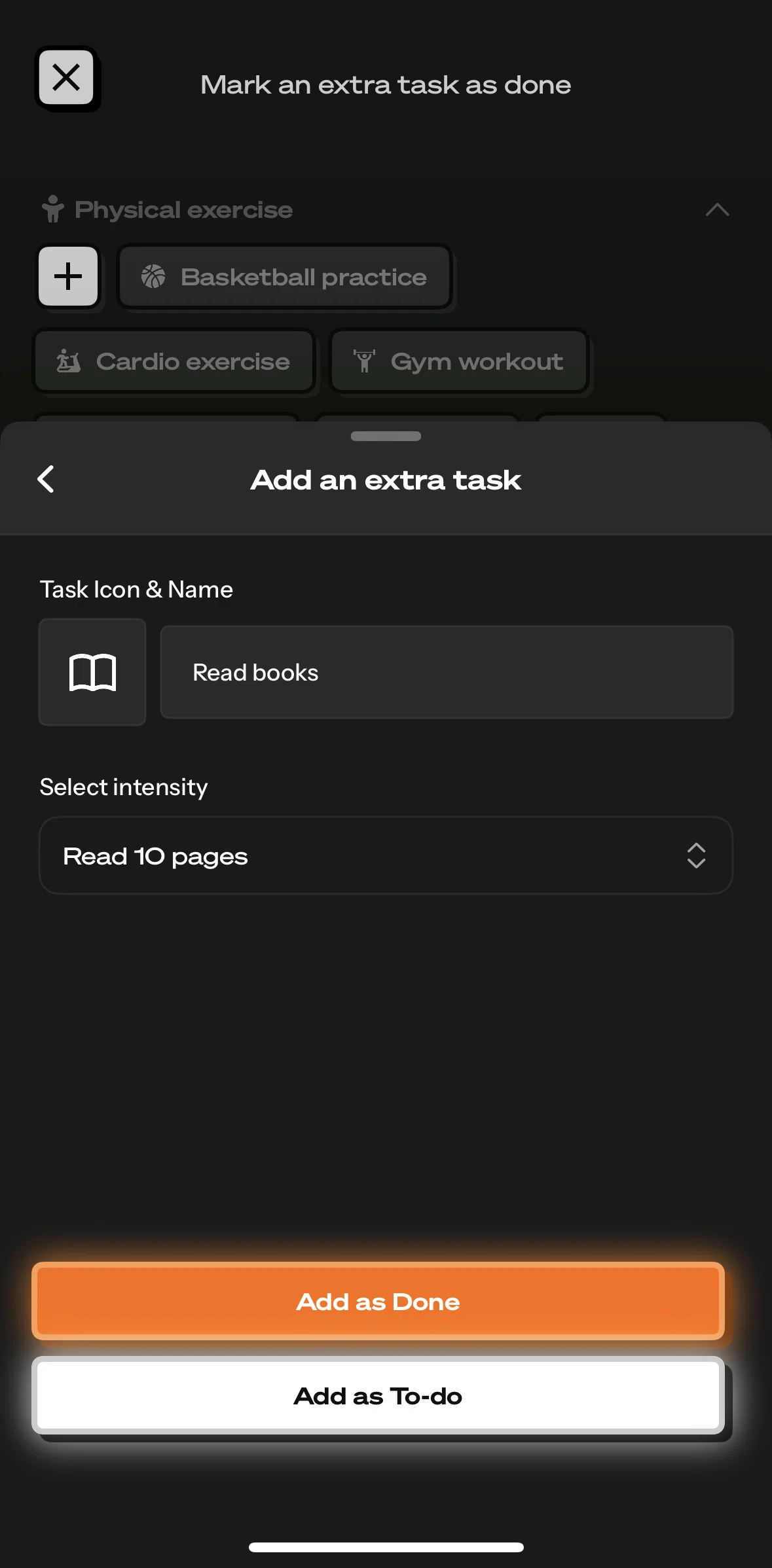 Life Reset Screen screen in the Adding an extra task as to-do flow
