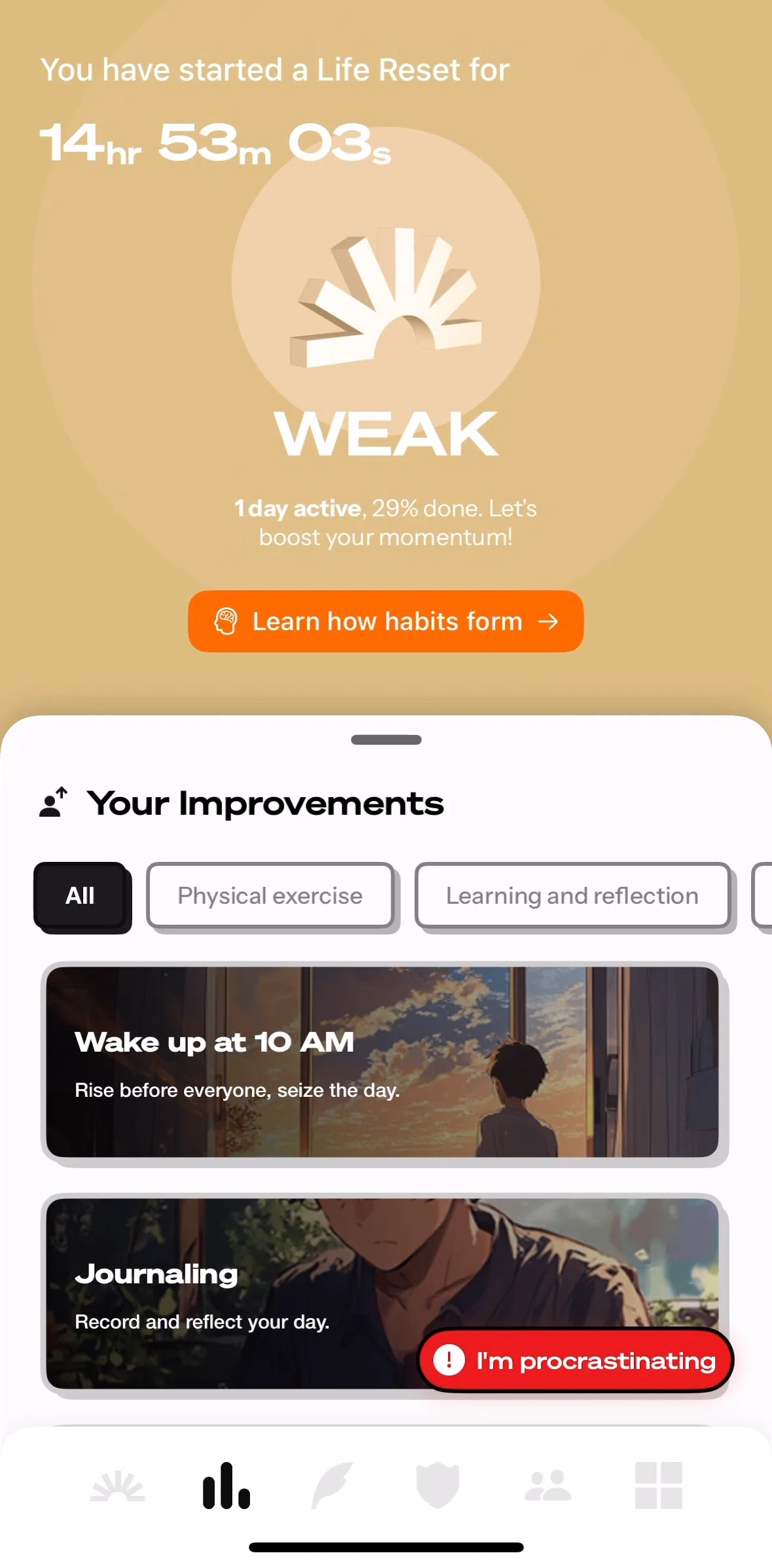 Life Reset Screen screen in the Completing an exercise flow