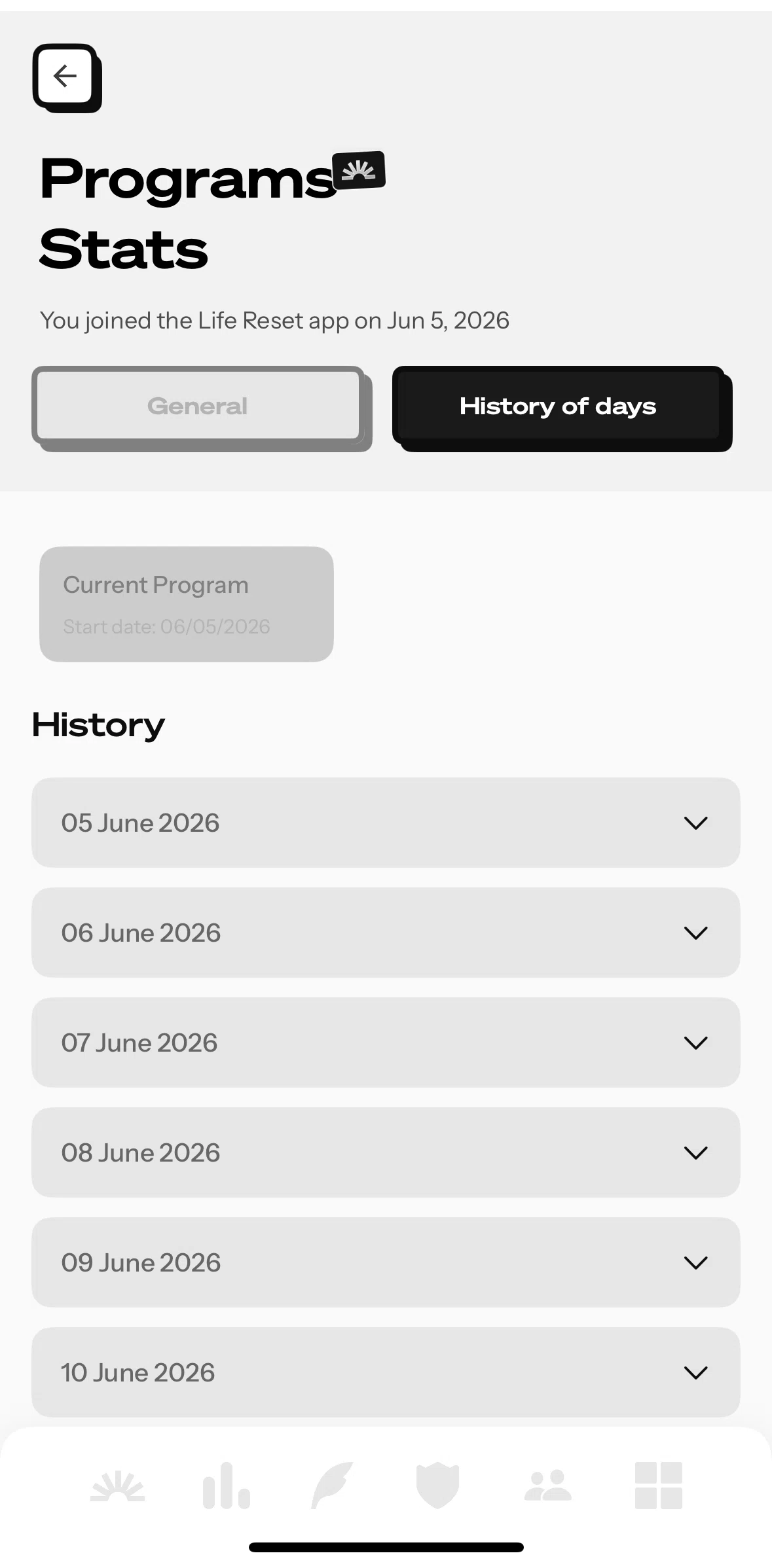 Life Reset Screen screen in the History of days flow
