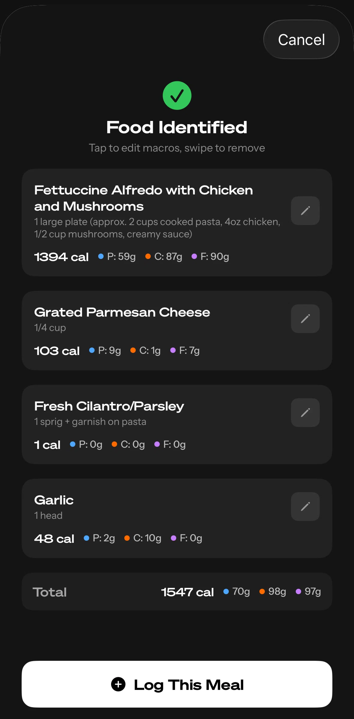 Life Reset Screen screen in the Logging food flow