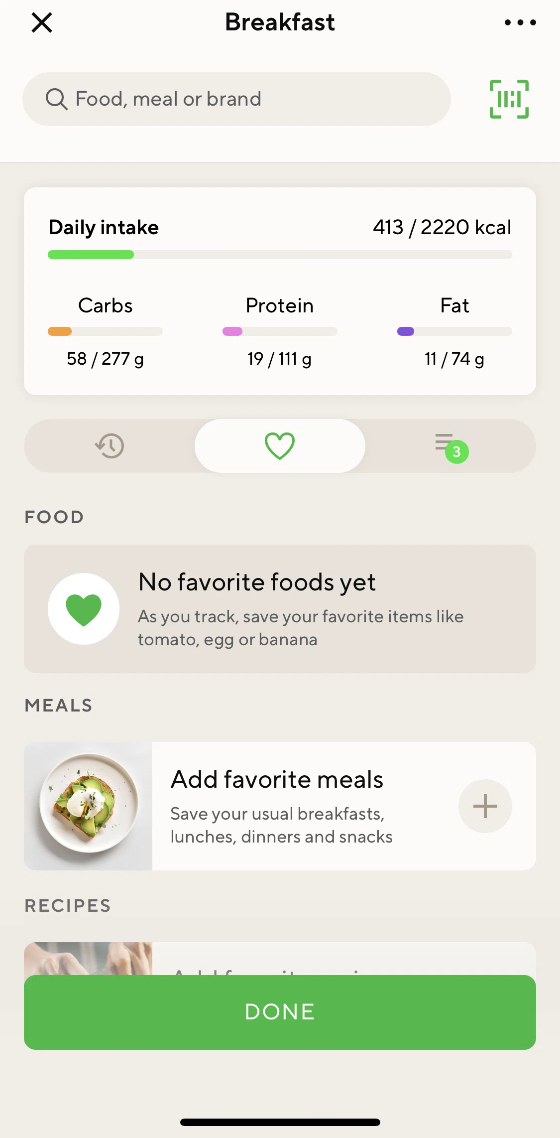 Lifesum Screen screen in the Action options (adding food) flow