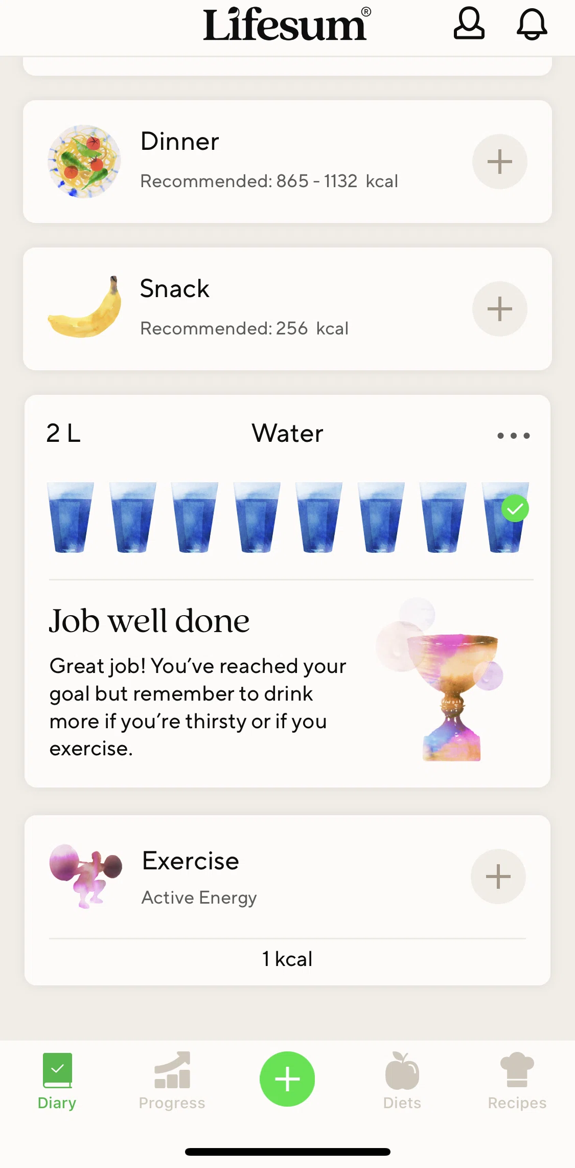 Lifesum Screen screen in the Action options (water) flow
