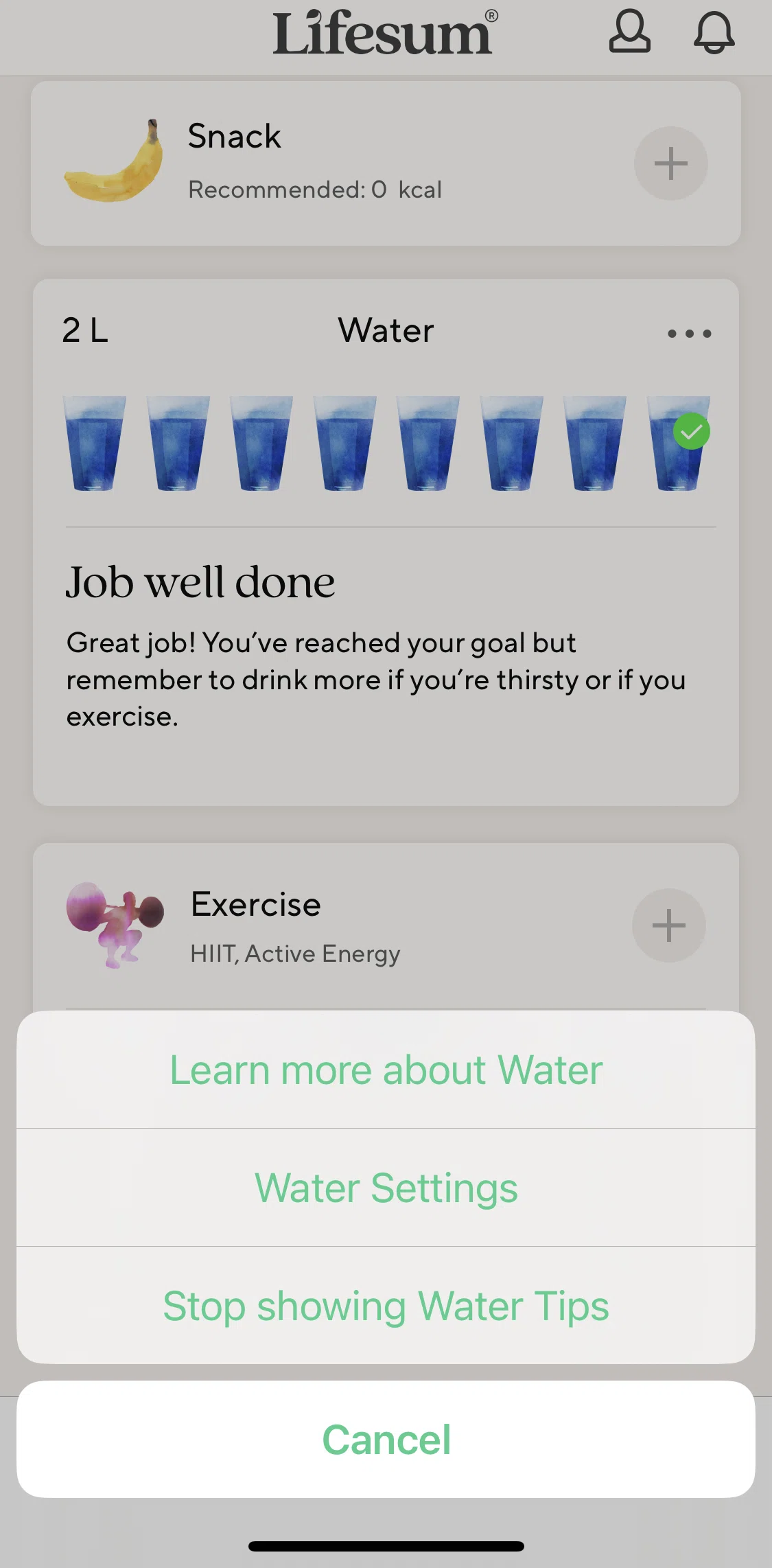 Lifesum Screen screen in the Changing water settings flow