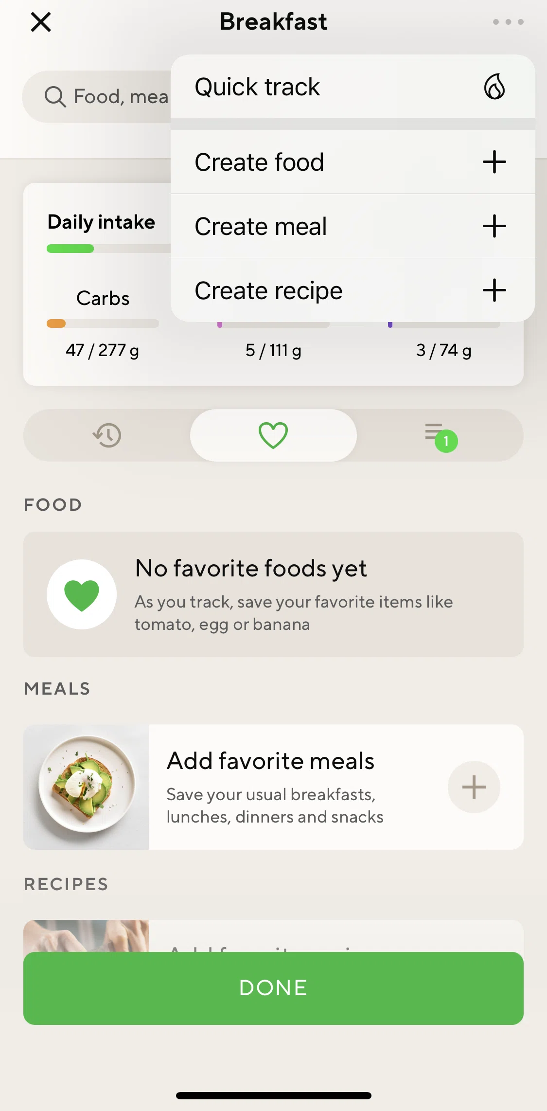 Lifesum Screen screen in the Creating a recipe flow