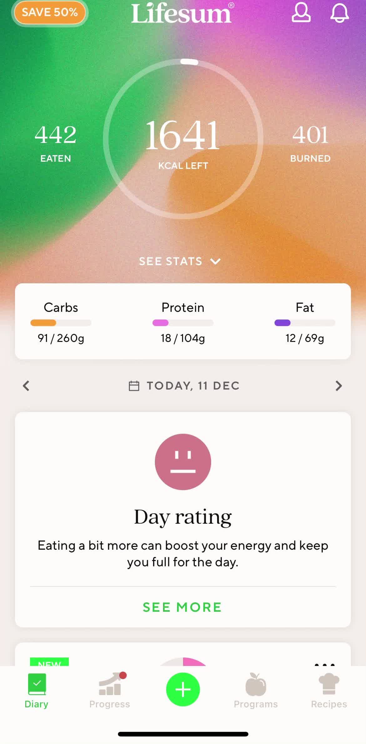 Lifesum Dashboard screen in the Customization Settings flow