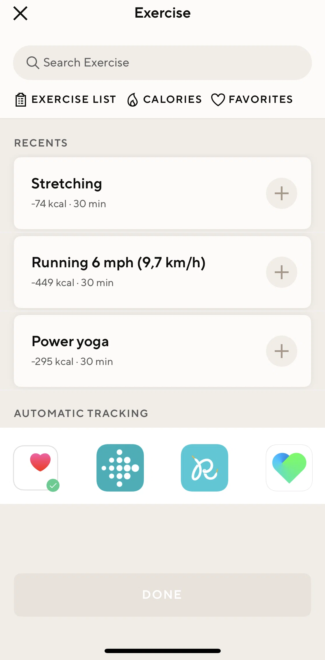 Lifesum Screen screen in the Exercise list flow