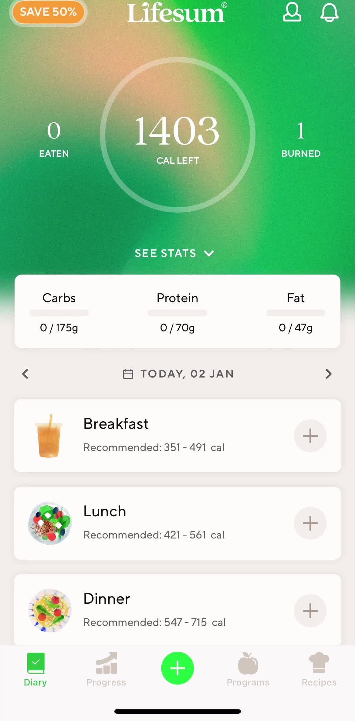 Lifesum Dashboard screen in the Filtering flow