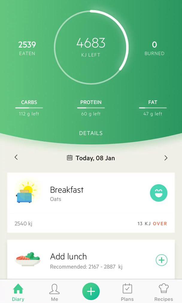 Lifesum Dashboard screen in the Finding A Recipe flow