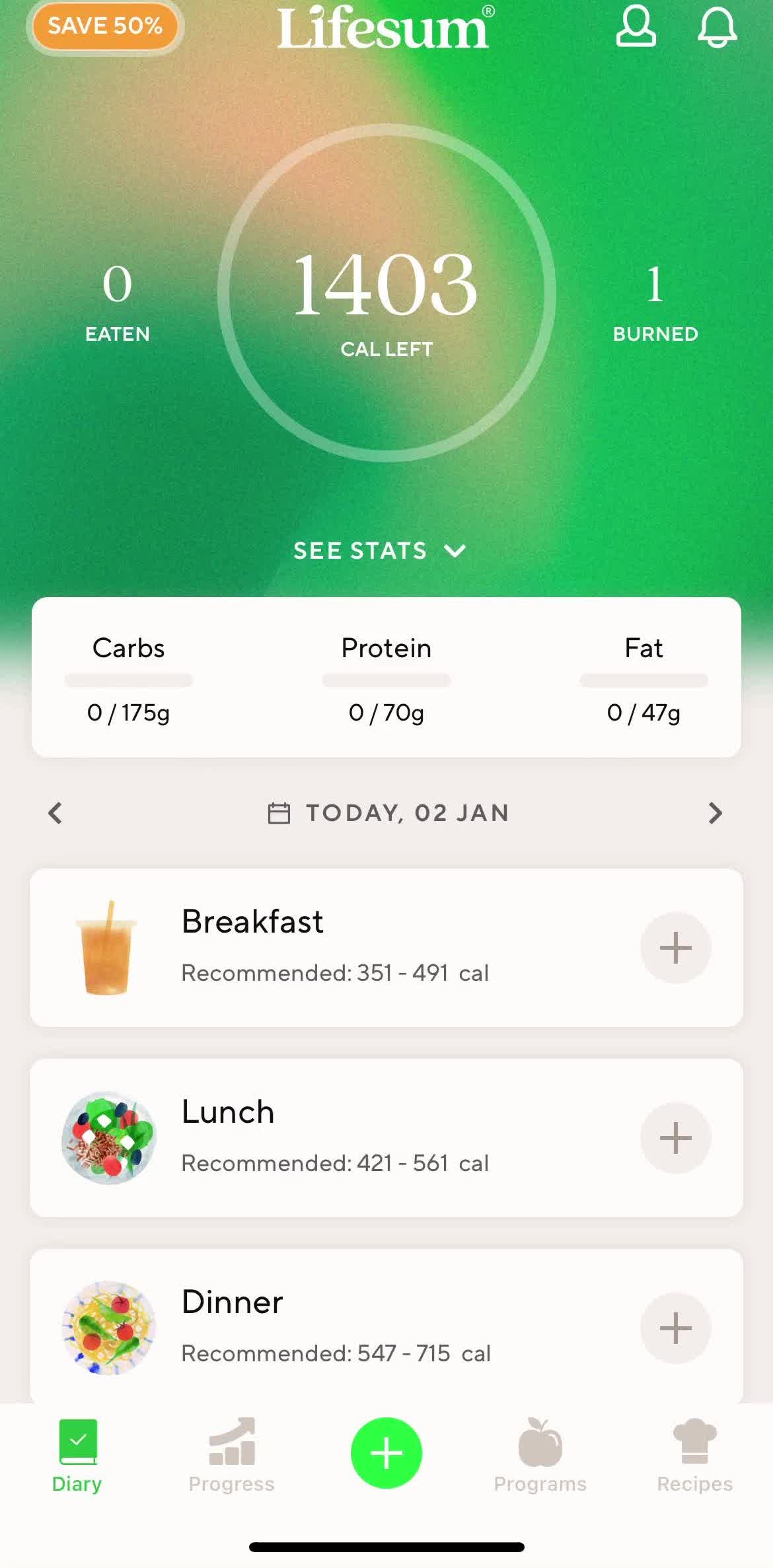 Lifesum Dashboard screen in the Help Center flow