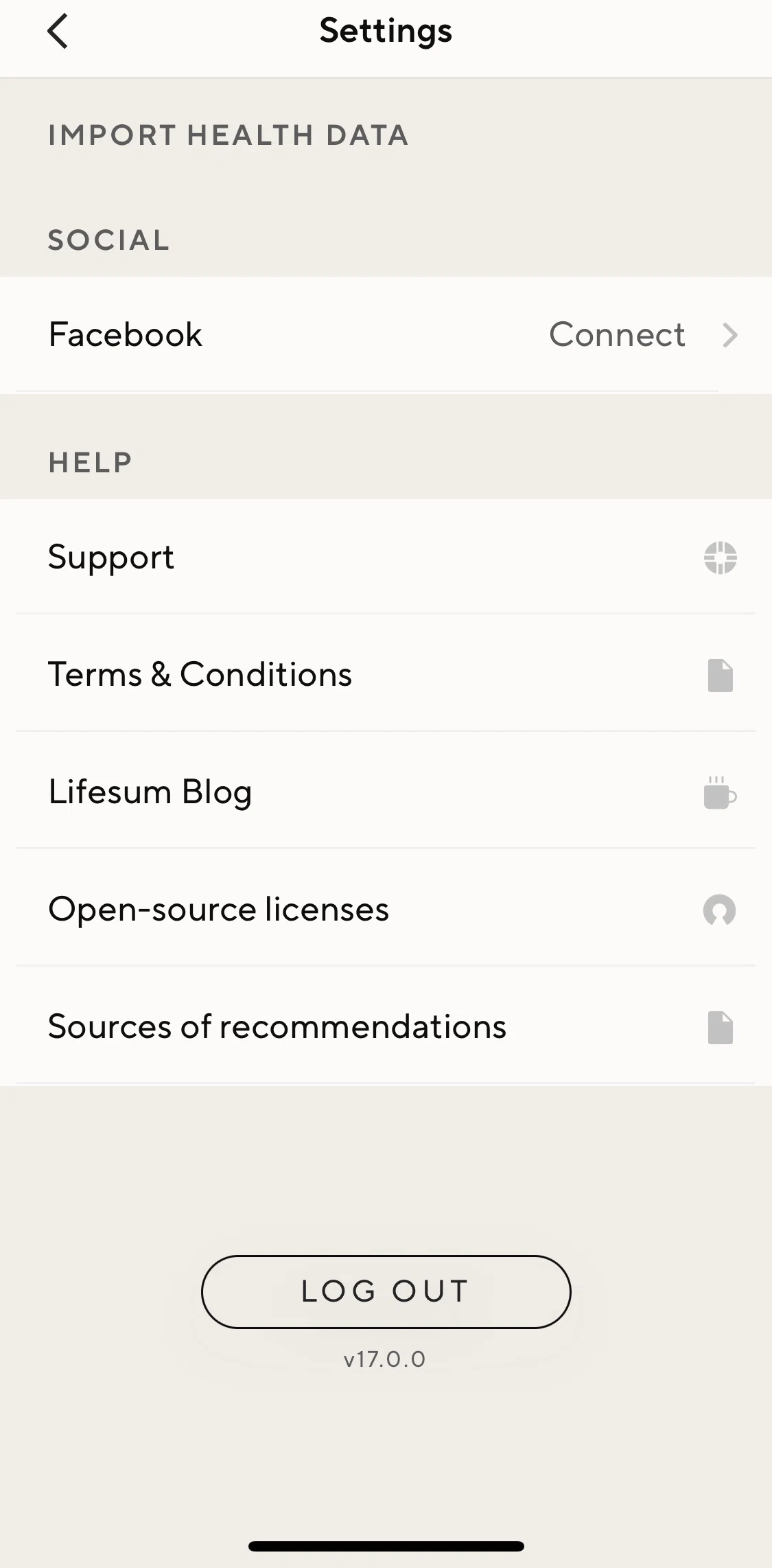 Lifesum Screen screen in the Support flow