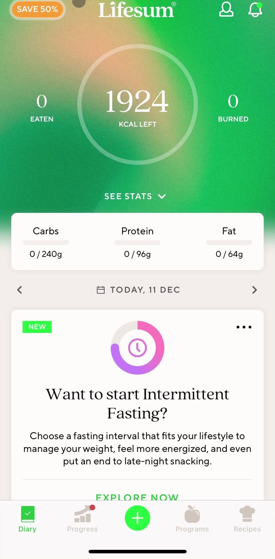 Lifesum Dashboard screen in the Tracking Activity flow