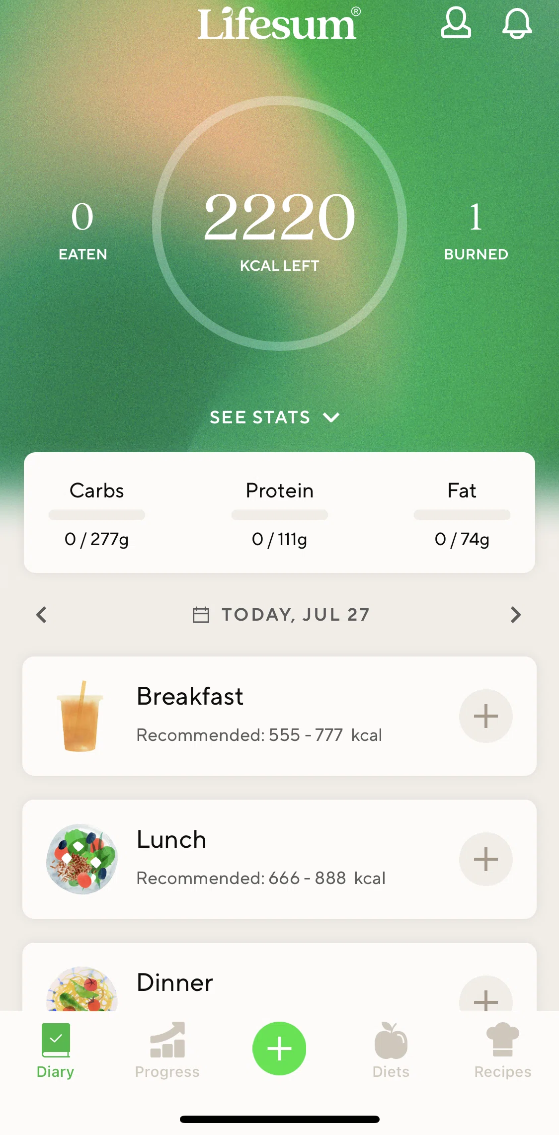 Lifesum Screen screen in the Tracking food intake flow