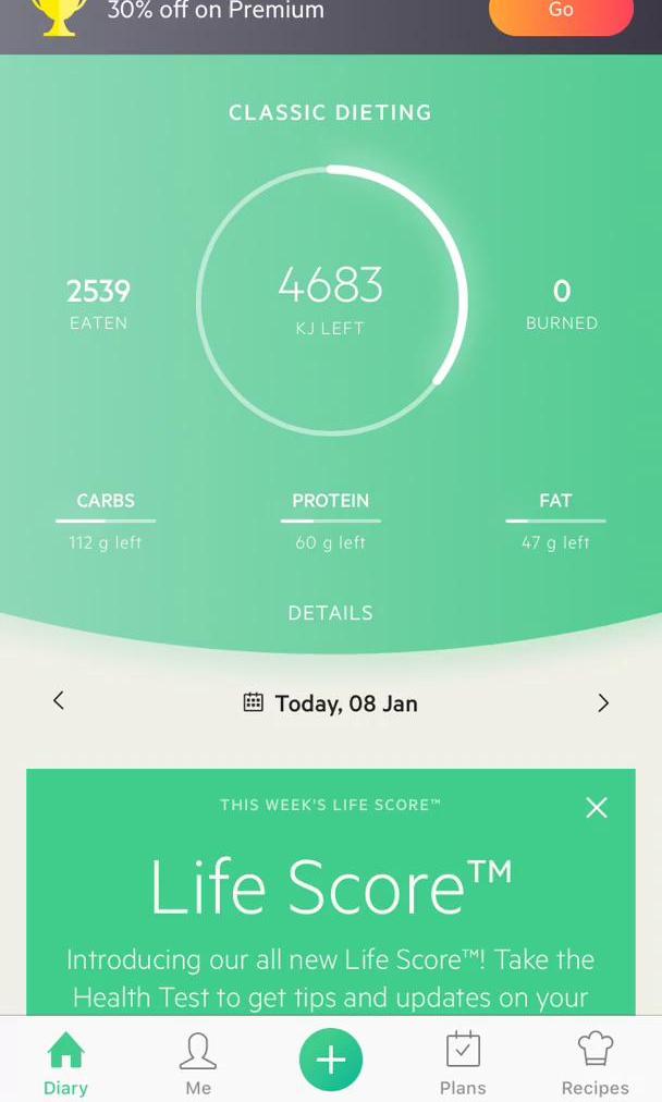 Lifesum Dashboard screen in the Upgrading Your Account flow