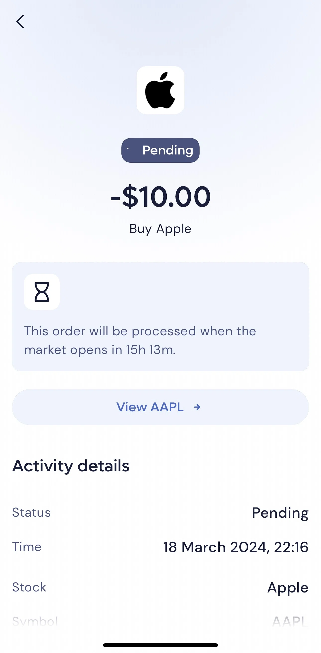 Lightyear Screen screen in the Cancelling a stock purchase flow