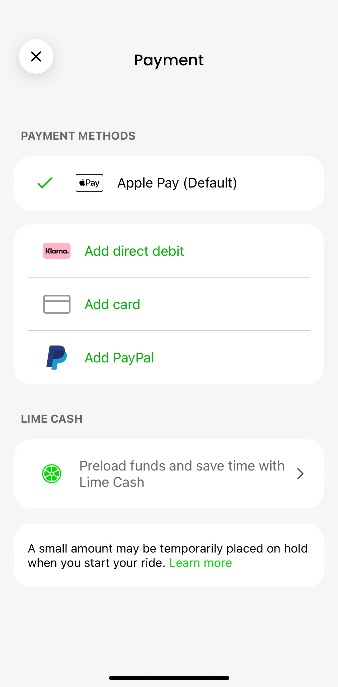 Lime Screen screen in the Adding funds to Lime Cash flow