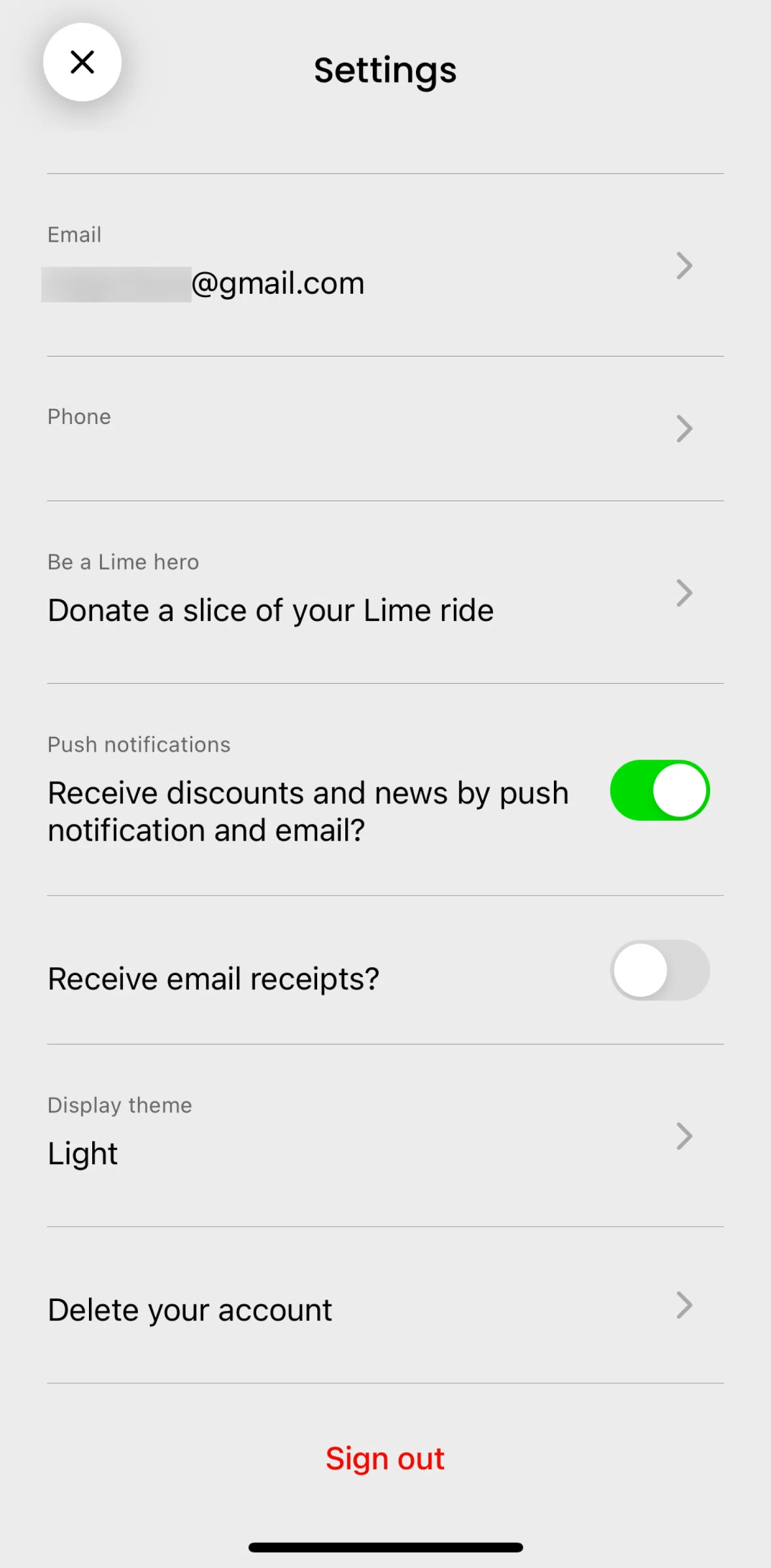 Lime Screen screen in the Deleting an account flow