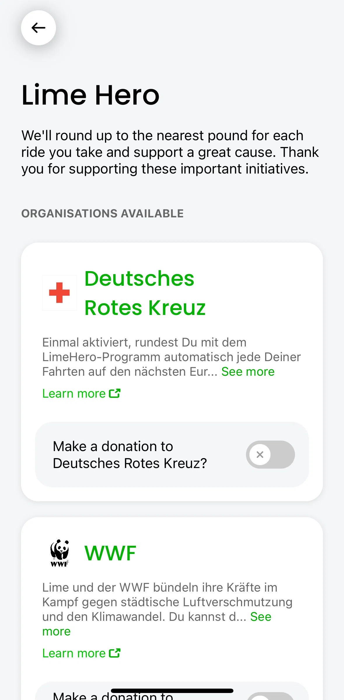 Lime Screen screen in the Enabling donation flow