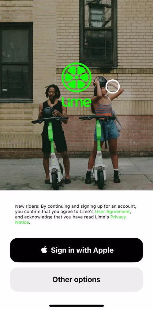 Lime Start screen screen in the Onboarding flow