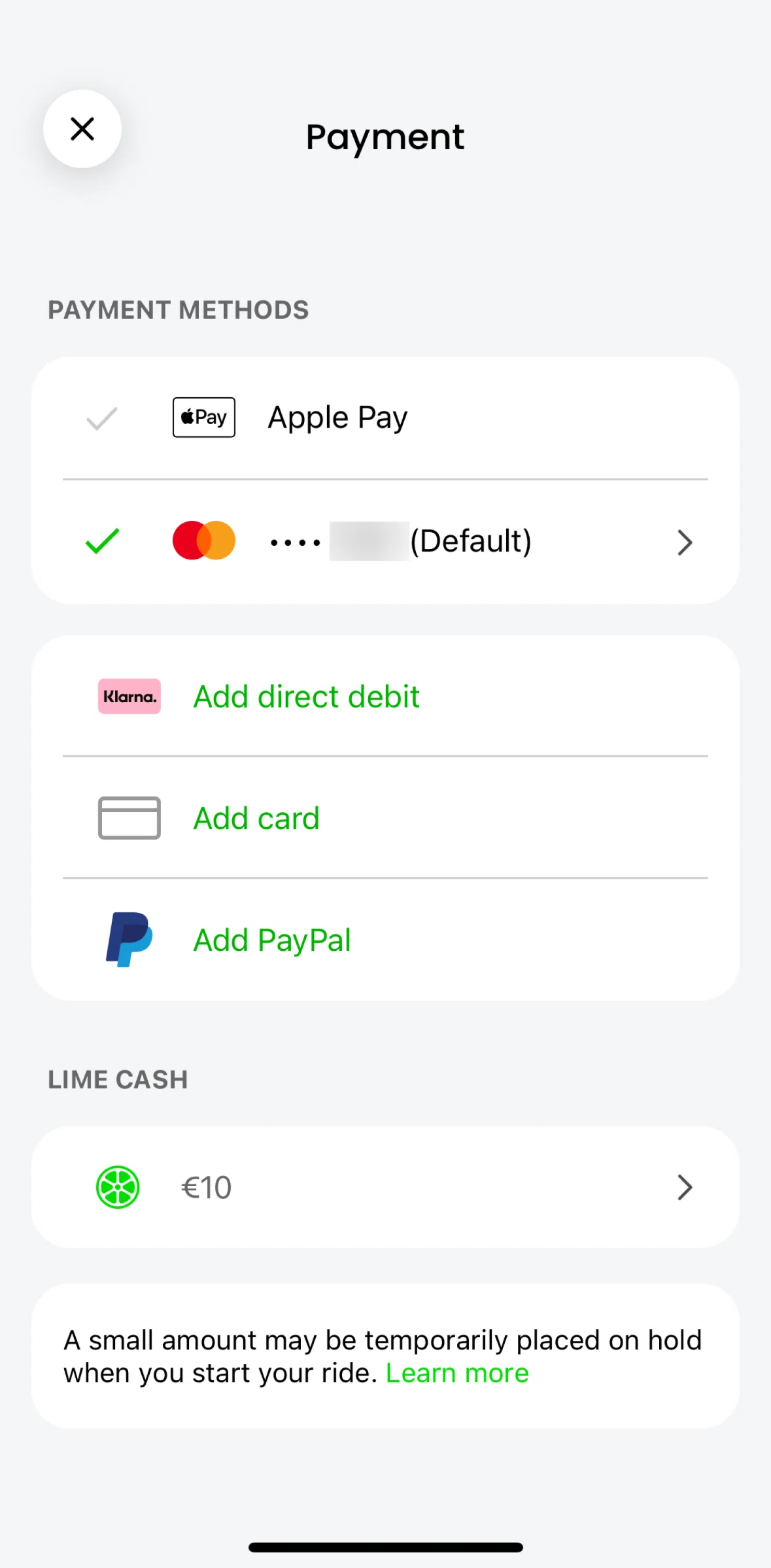 Lime Screen screen in the Removing a credit card flow