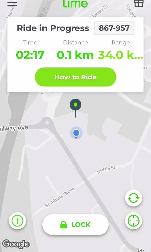 Lime Ride in progress screen in the Reporting An Issue flow