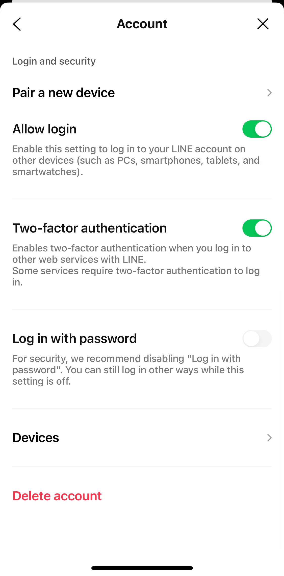 LINE Screen screen in the Deleting account flow