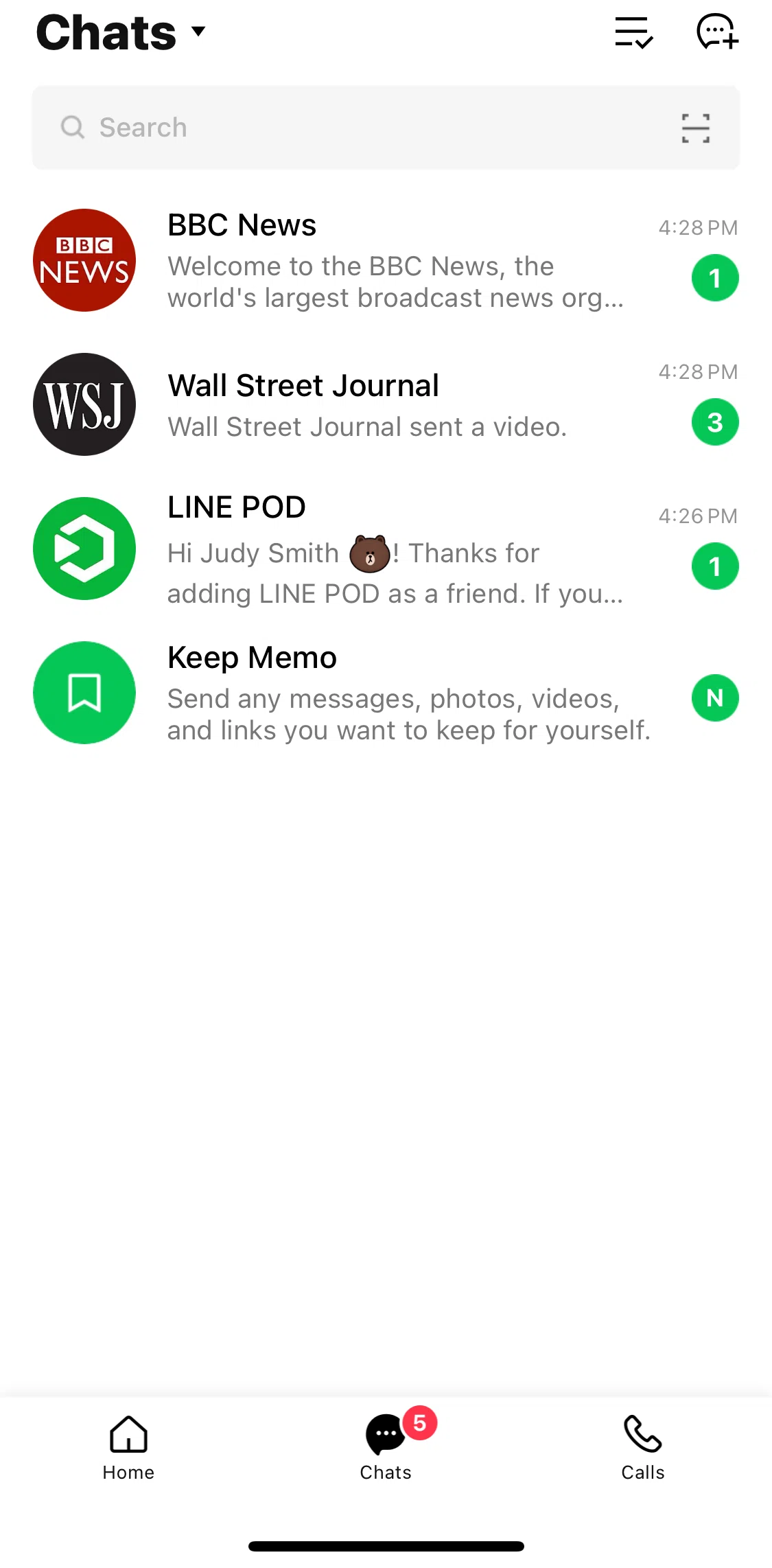 LINE Screen screen in the Starting a chat flow
