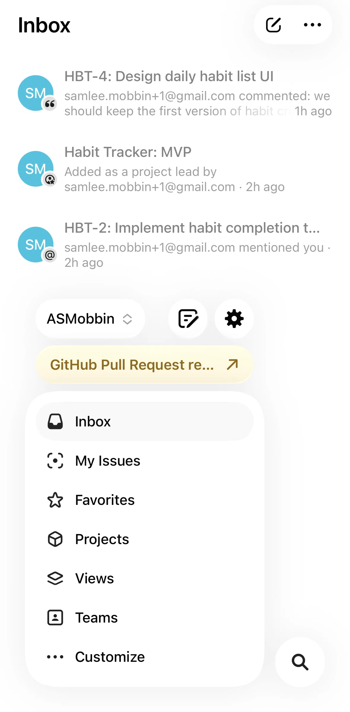 Linear Mobile Screen screen in the Changing a workspace flow