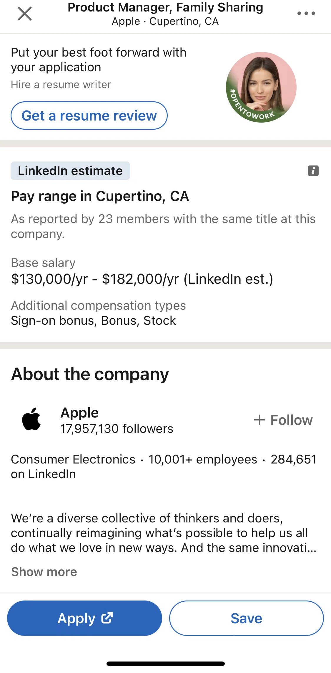 Linkedin Screen 1 screen in the About hiring company (Apple) flow