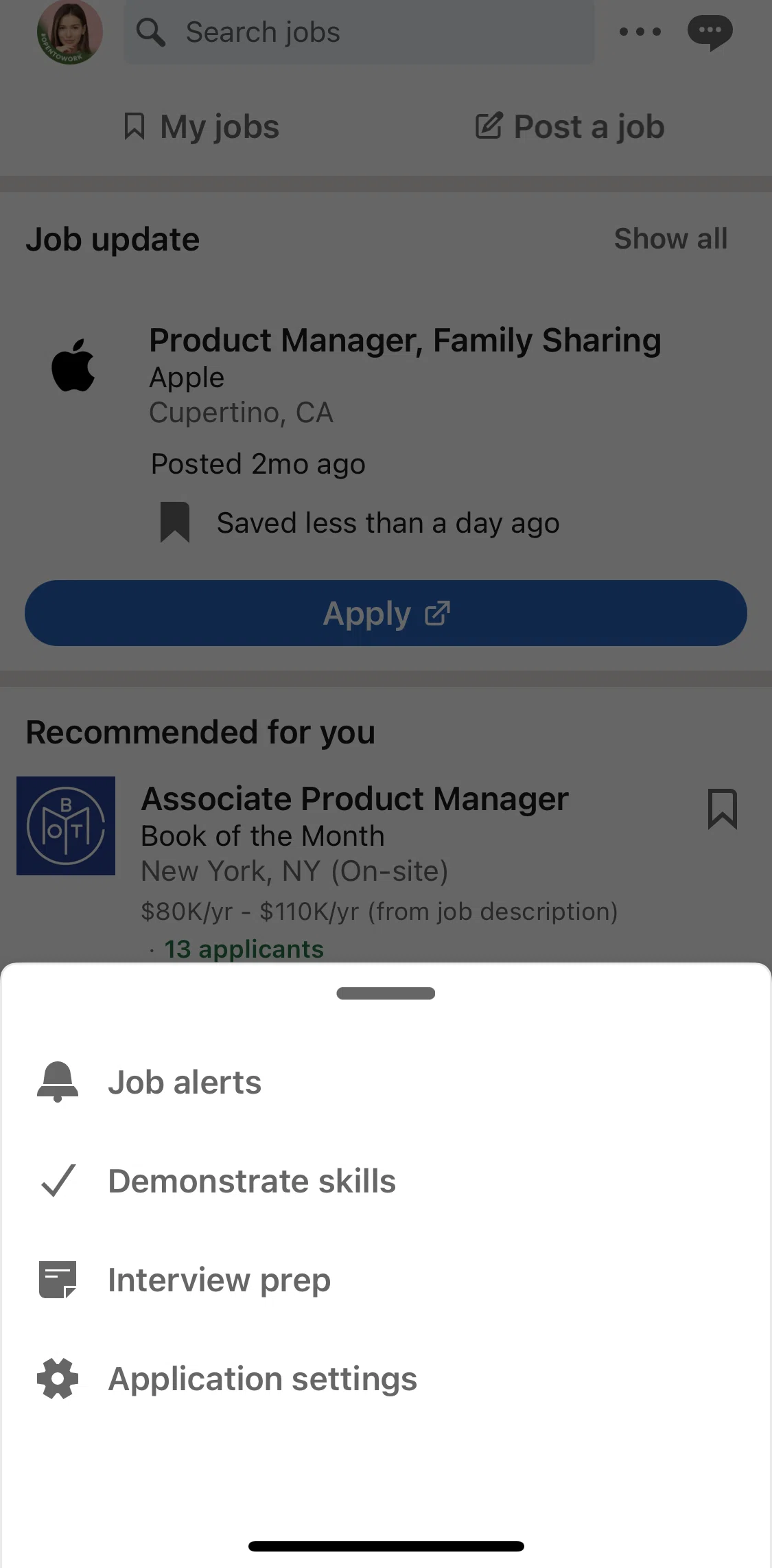 Linkedin Screen 1 screen in the Application settings flow