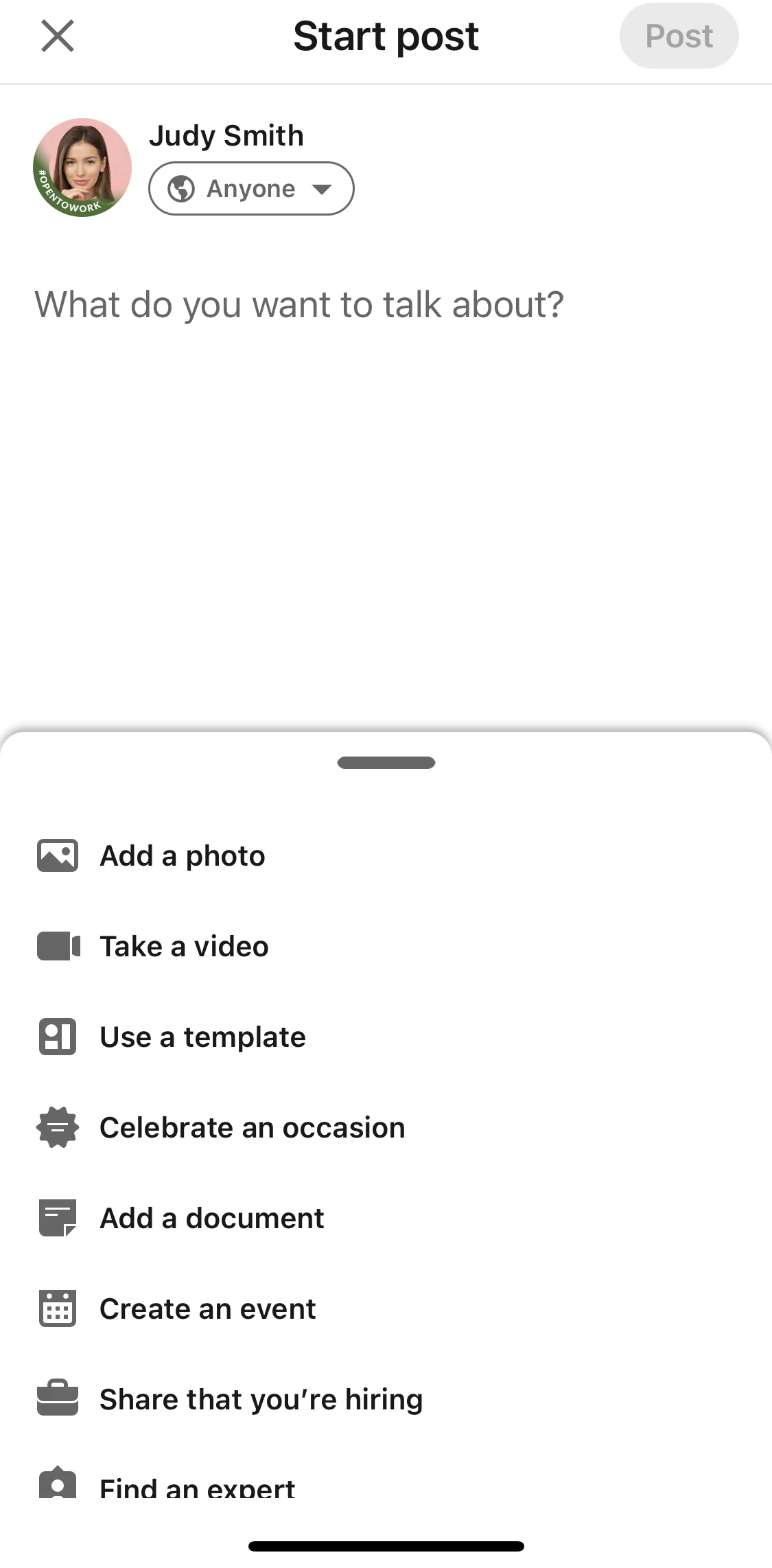 Linkedin Screen 1 screen in the Creating a post (celebrate an occasion) flow